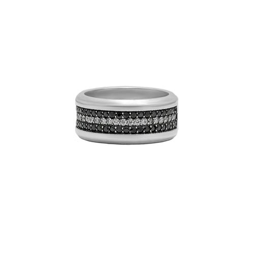 Wide Silver Wedding Band Black and White Stones