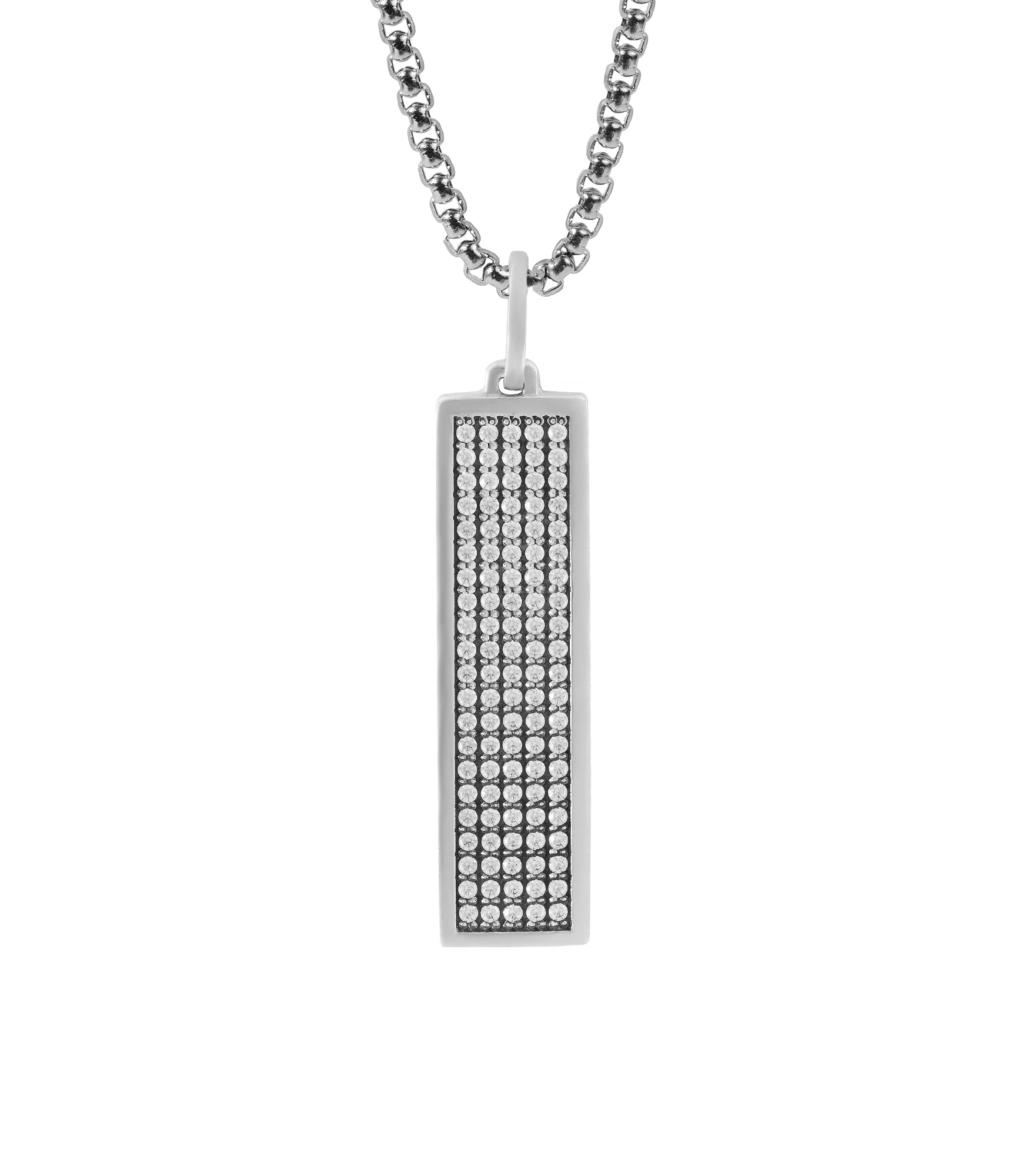 Long Silver Ingot Necklace with White CZ Gemstones