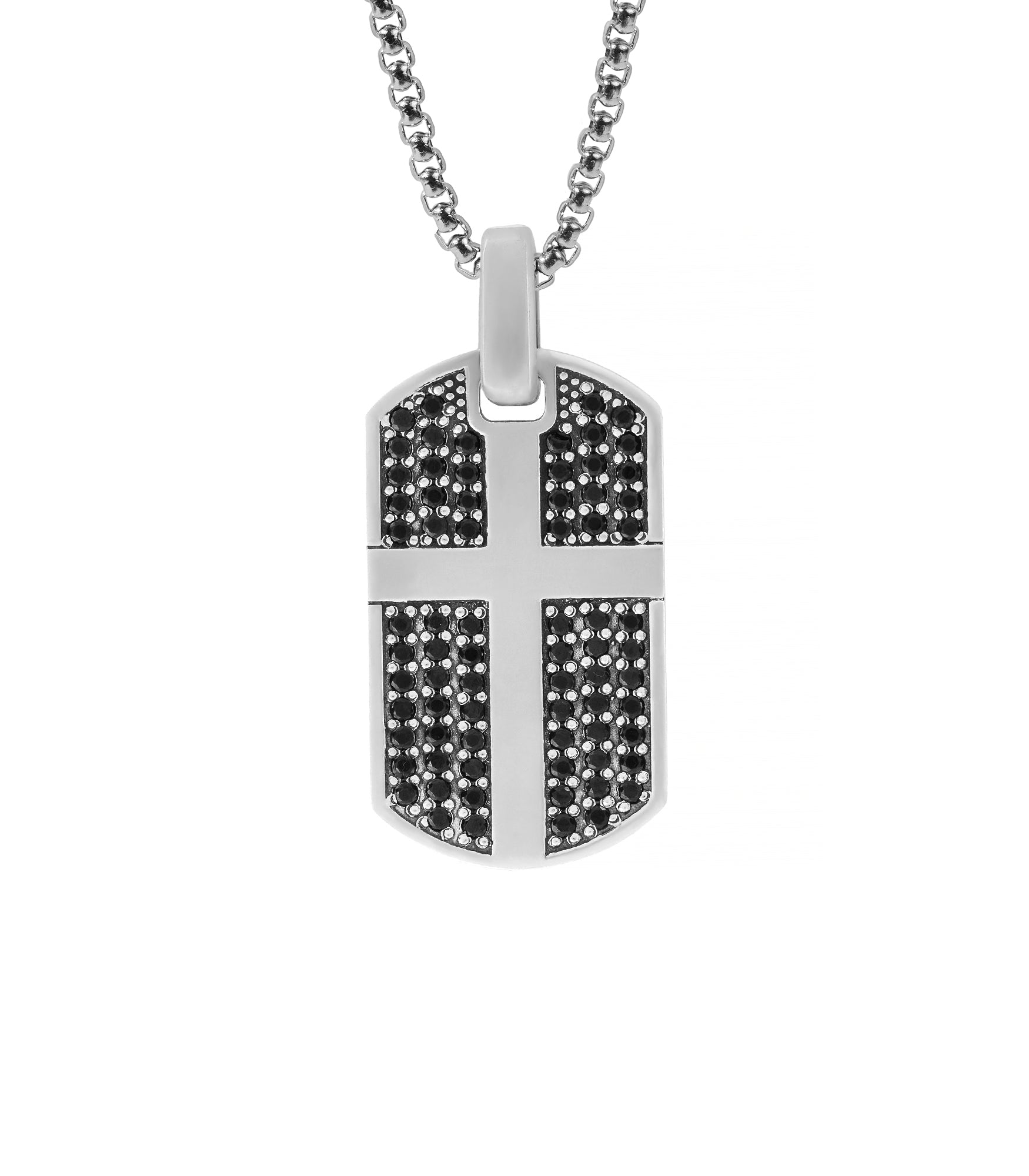 Black Diamond Cross Pendant Necklace Silver Dog Tag