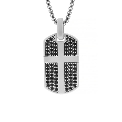 Black Diamond Cross Pendant Necklace Silver Dog Tag