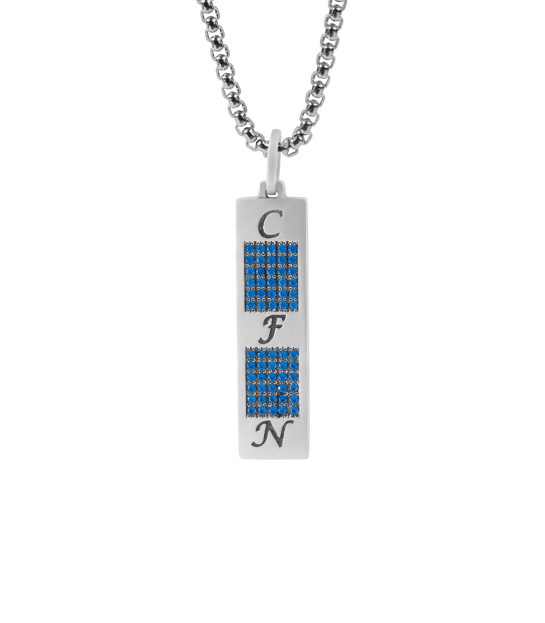 Personalized Silver Initial Bar Pendant Blue Stones
