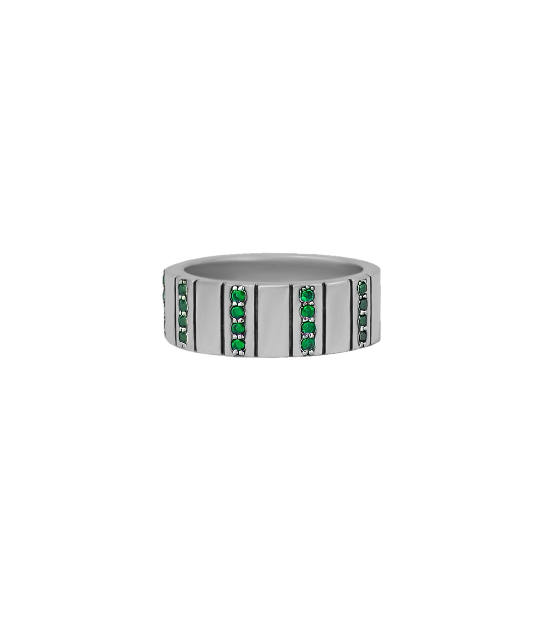 Wide Silver Wedding Ring Multiple Emeralds and Stripes