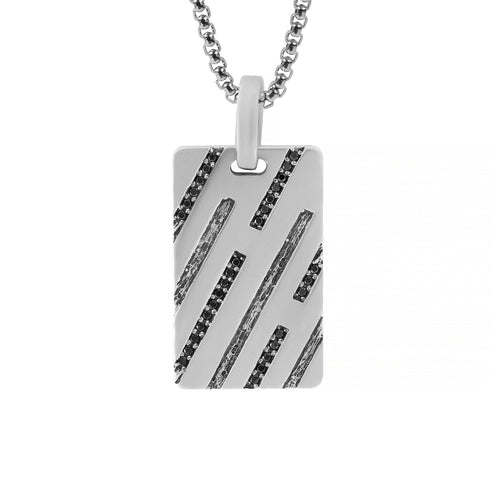 Mens Silver Dog Tag Pendant with Black Crystals and Stripes