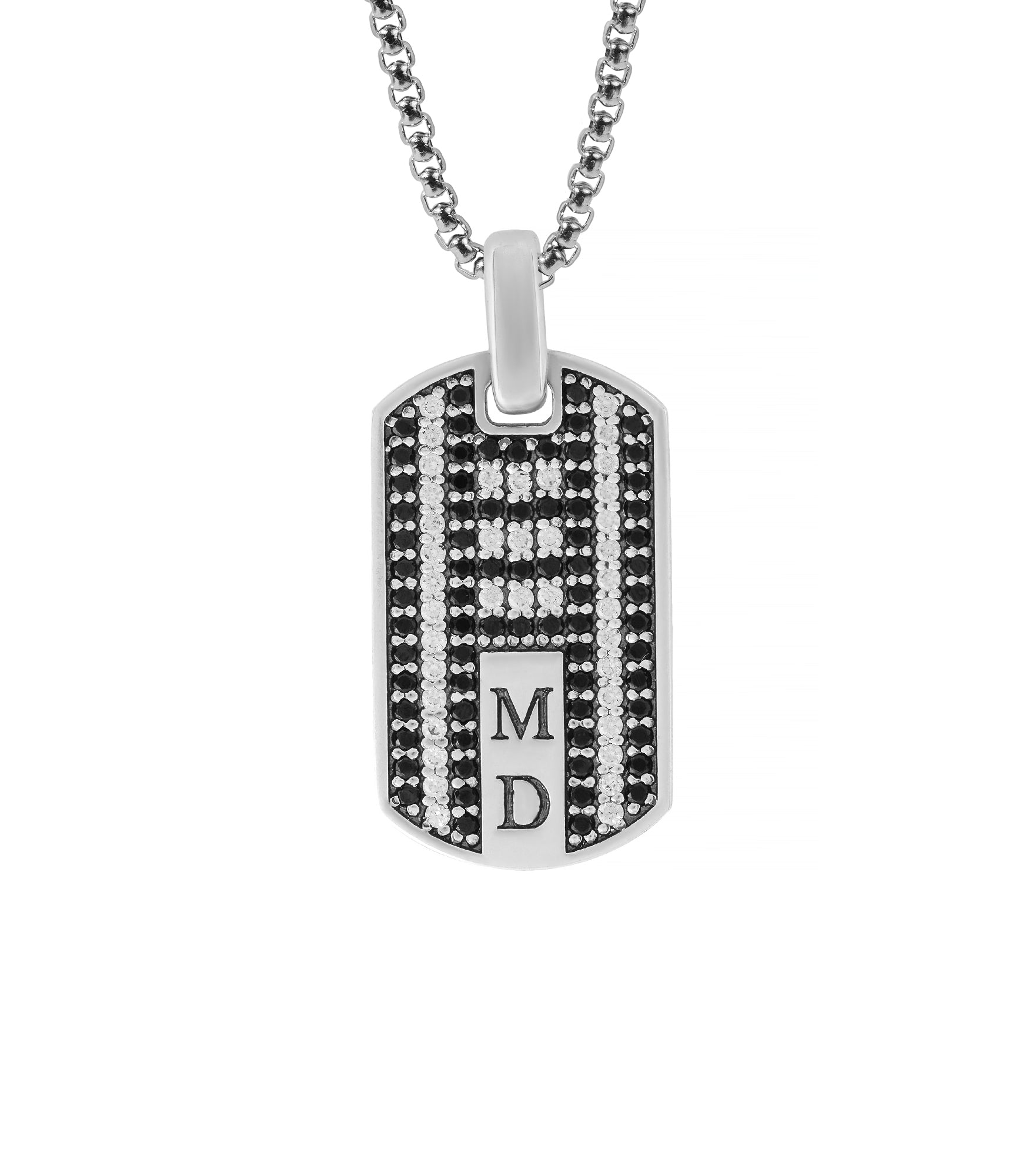 Black & White Gemstone Two Initials Mens Pendant Silver