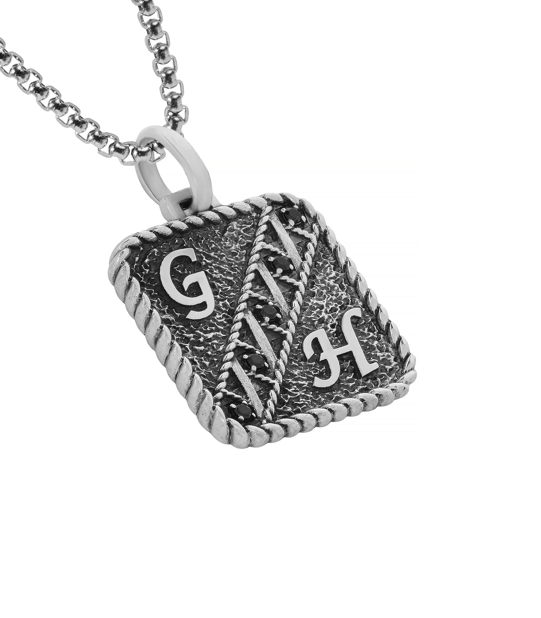 Roped Silver Vintage Tag Necklace Letters and Gemstones