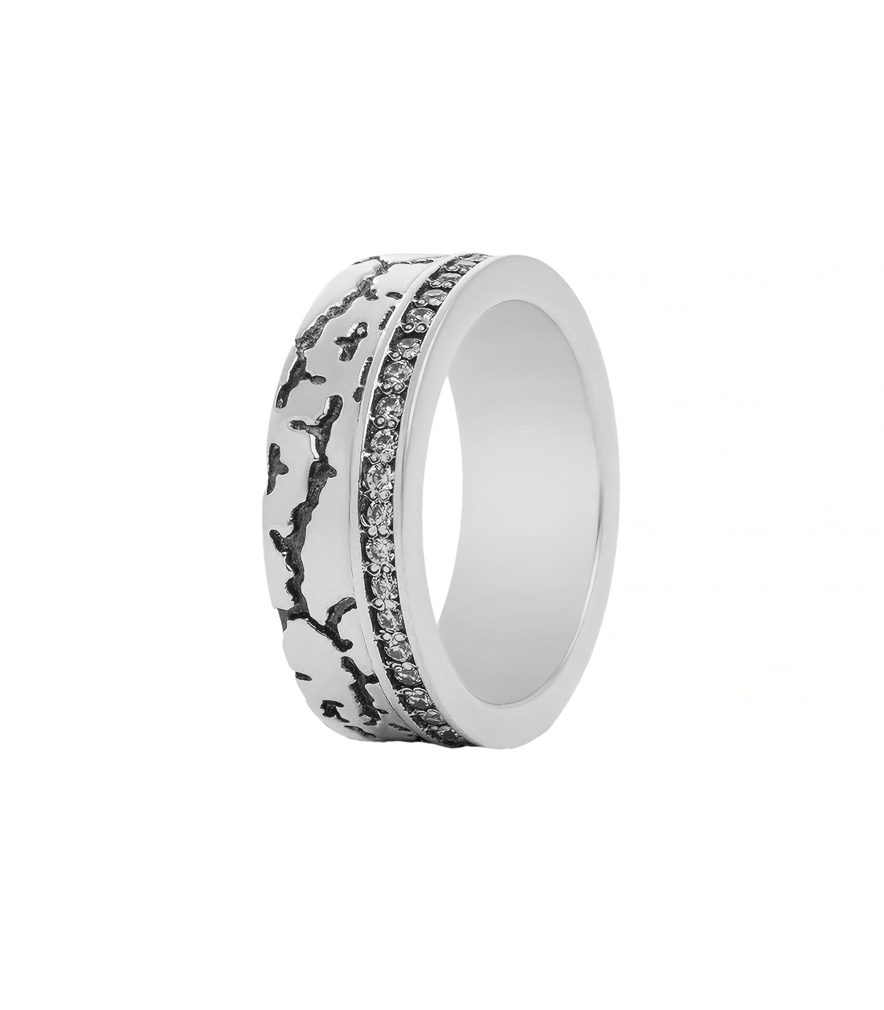 Mens Silver Band Brutal Design and White Stones