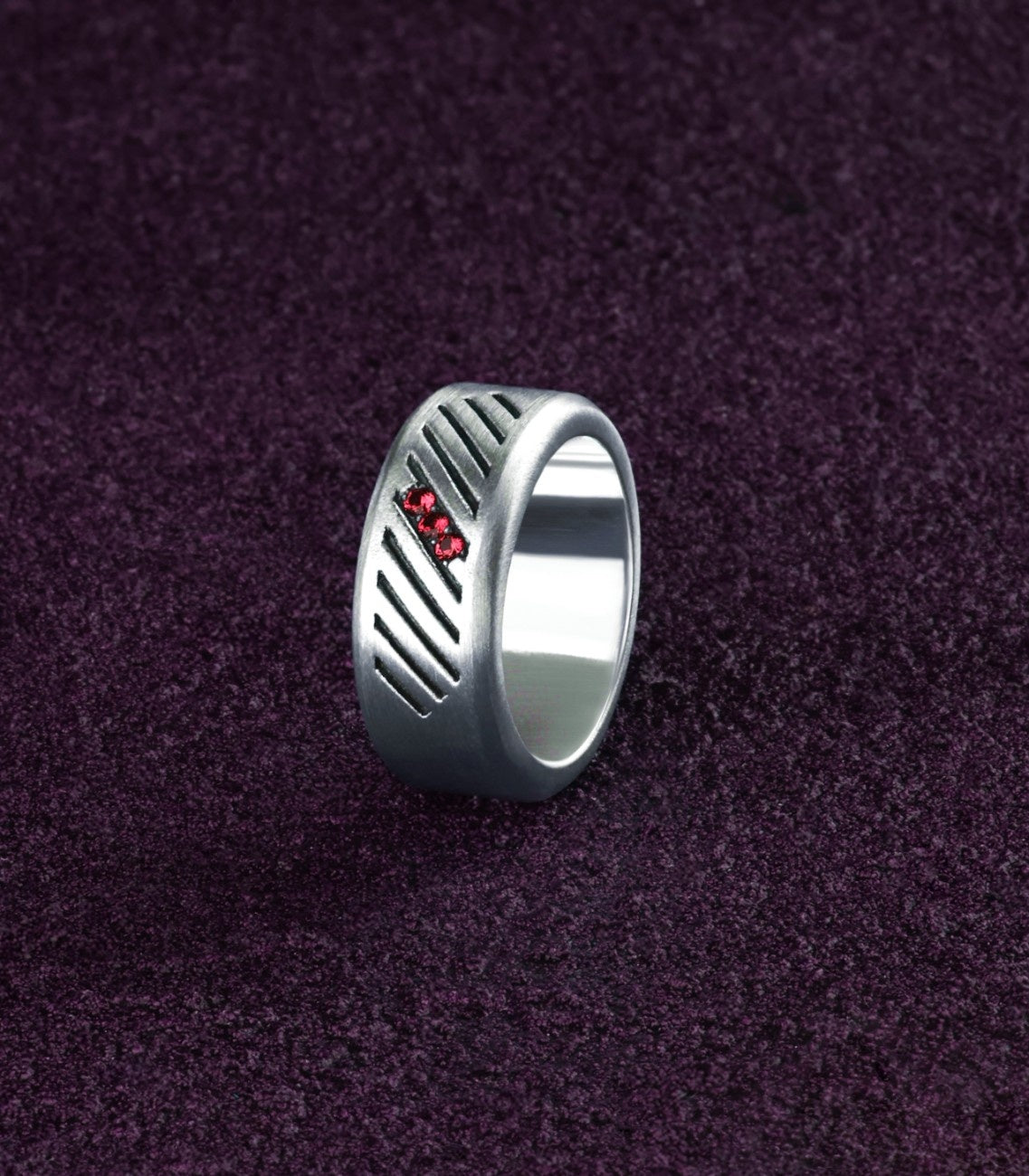 Domed Silver Wedding Band Ring Red Stones and Grooves