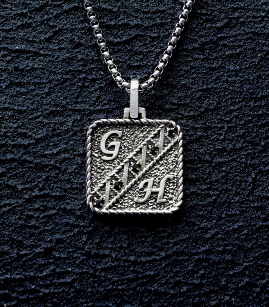 Mens Vintage Style Initial Necklace Black Diamodns