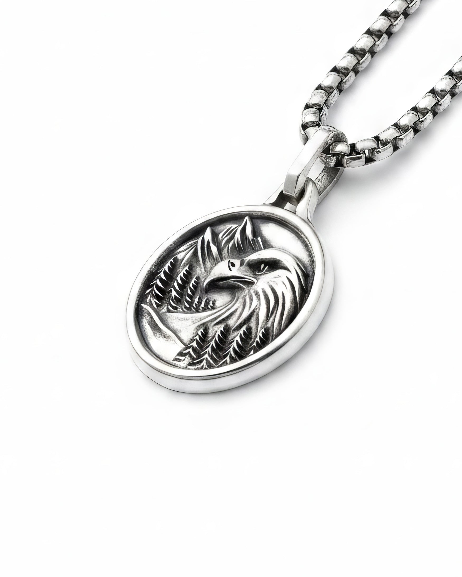 Mountain Eagle Pendant Necklace Silver Round Shape