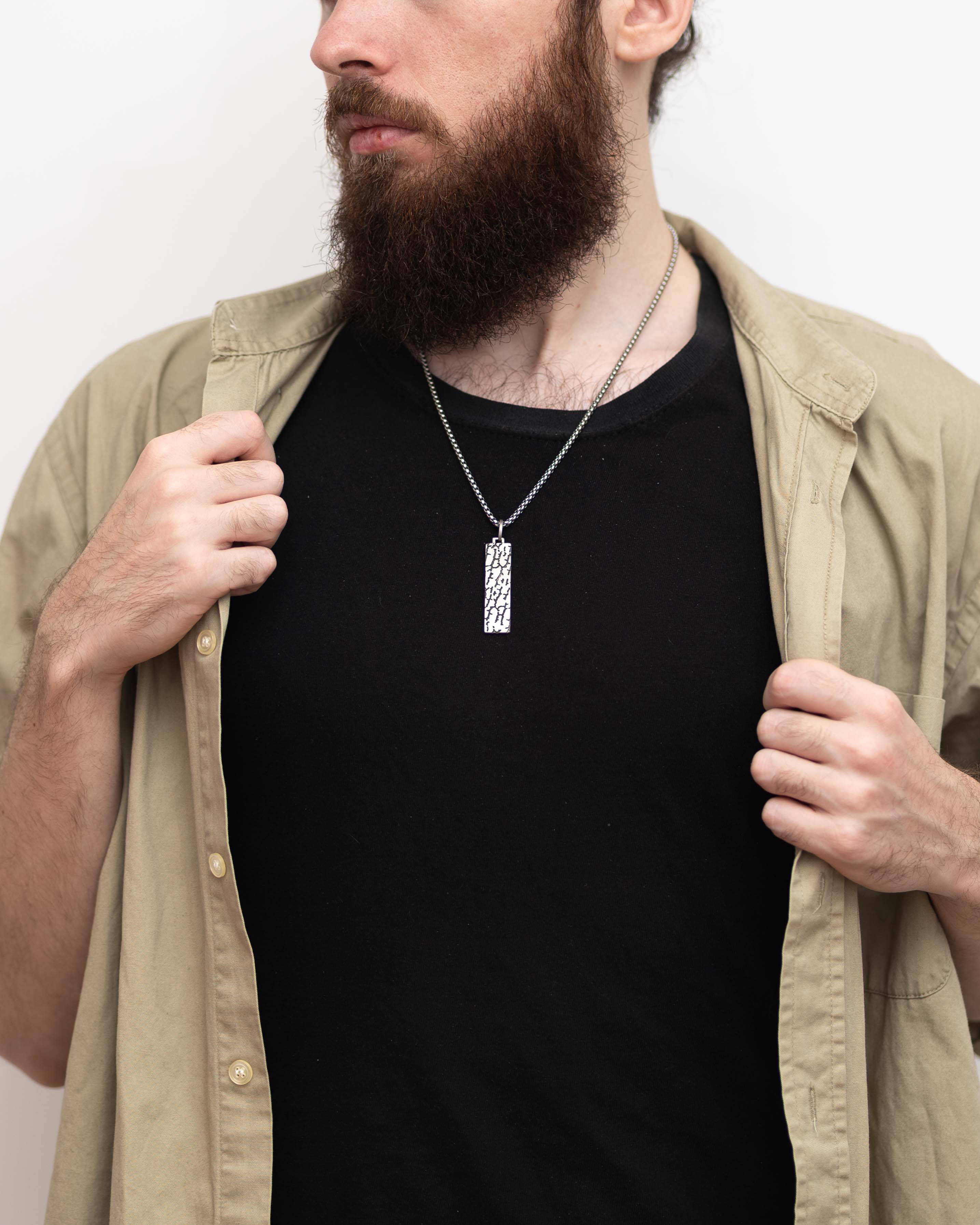 Cracked Silver Mens Ingot Pendant with Rock Motif