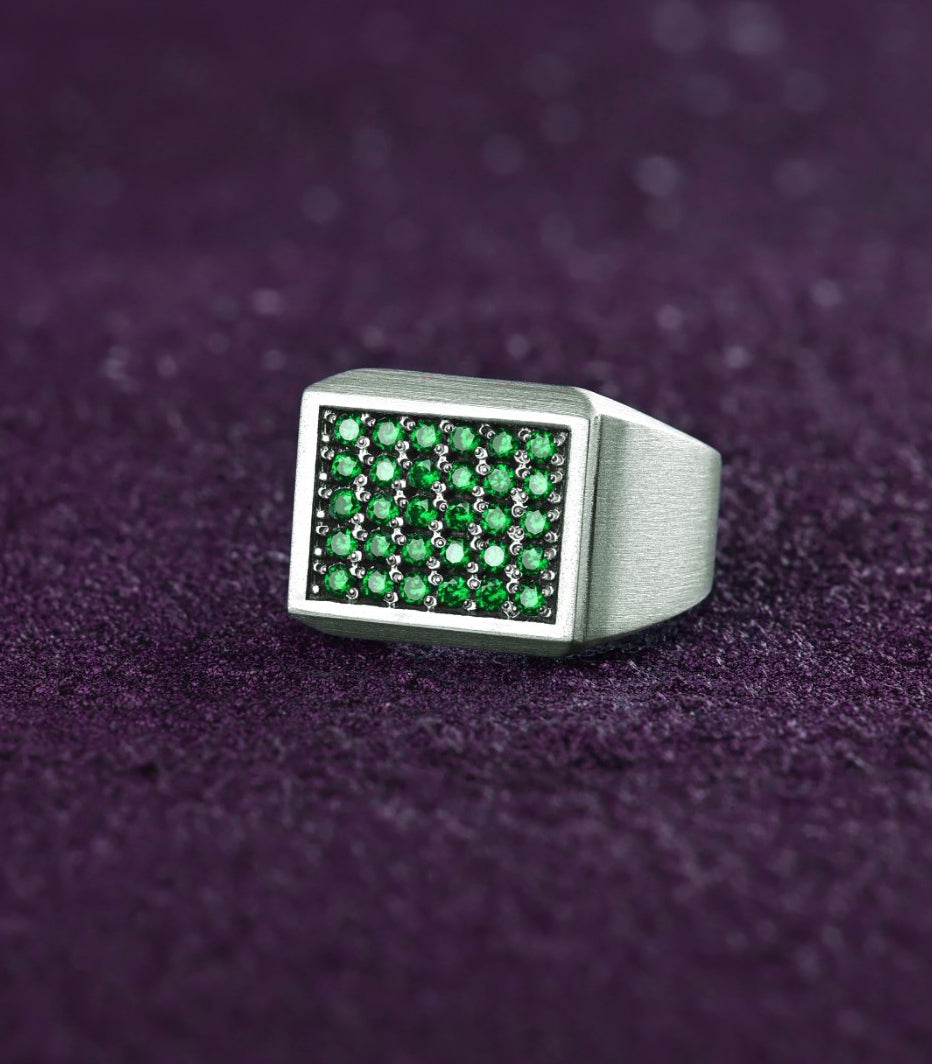 Emerald Signet Ring for Gentleman Silver Solid Back