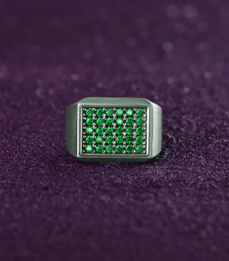 Emerald Signet Ring for Gentleman Silver Solid Back