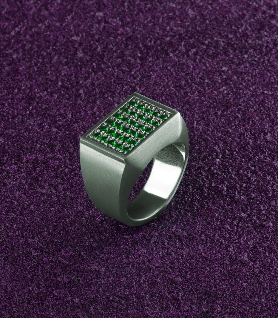 Emerald Signet Ring for Gentleman Silver Solid Back