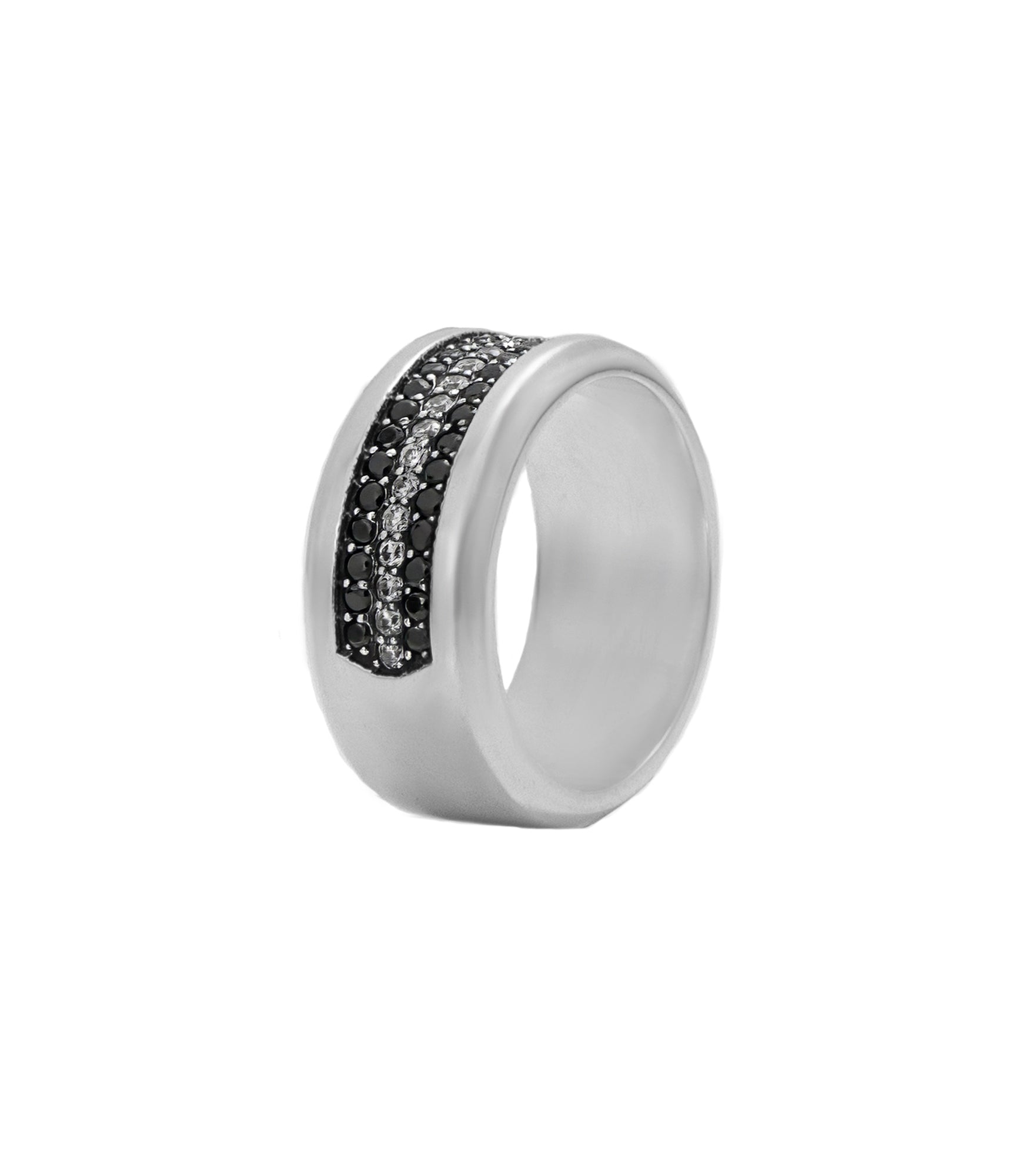 Wide Silver Wedding Band Black and White Stones