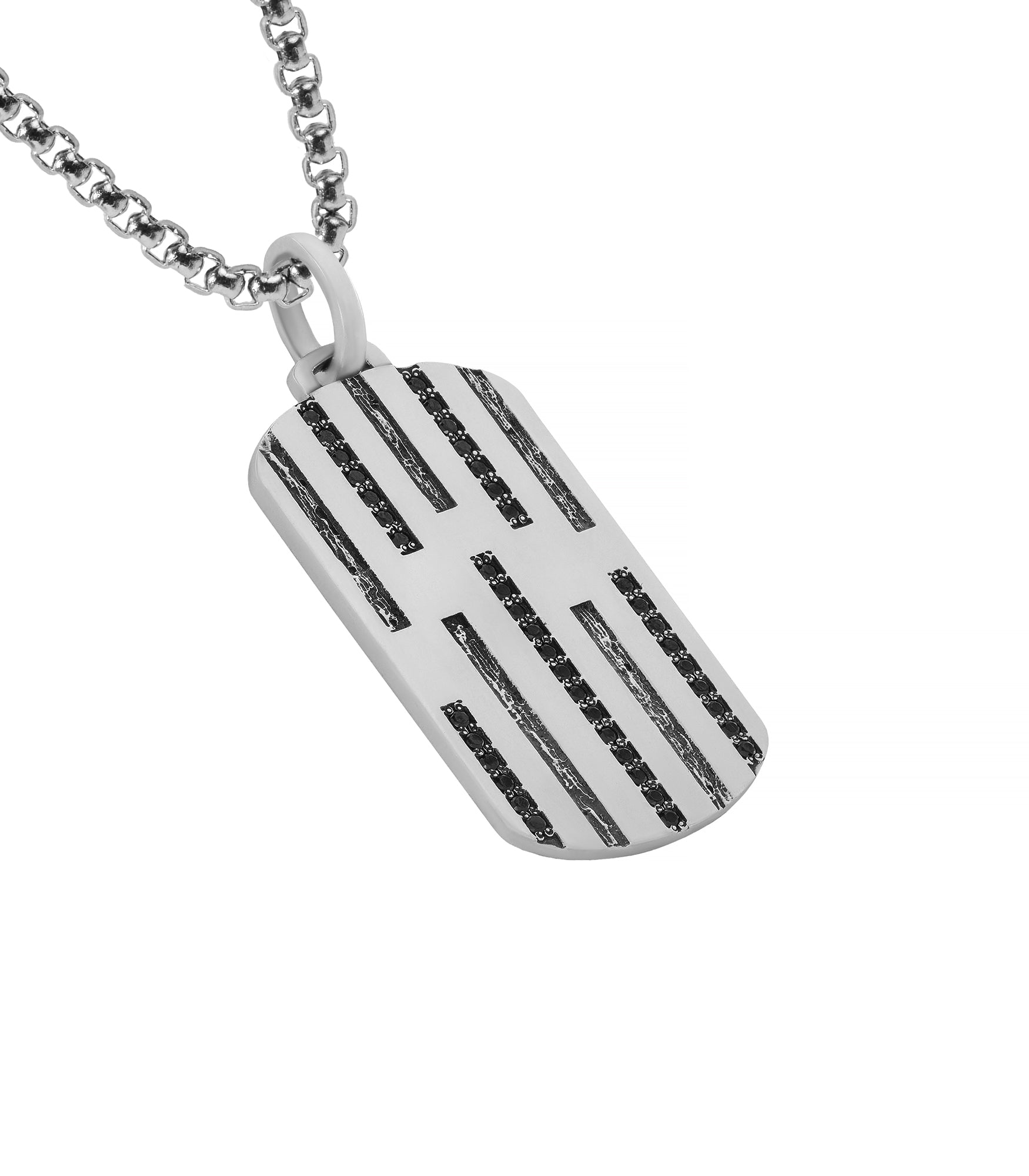 Mens Striped Silver Tag Pendant with Black Gemstones