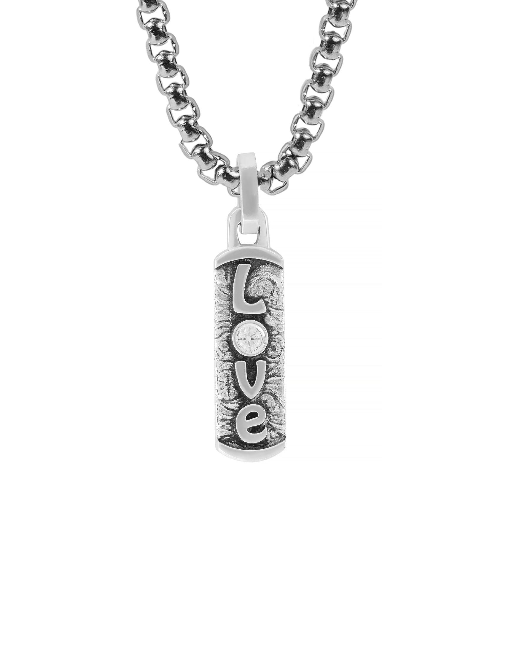 Word LOVE Small Necklace – Diamond & Patterned Silver
