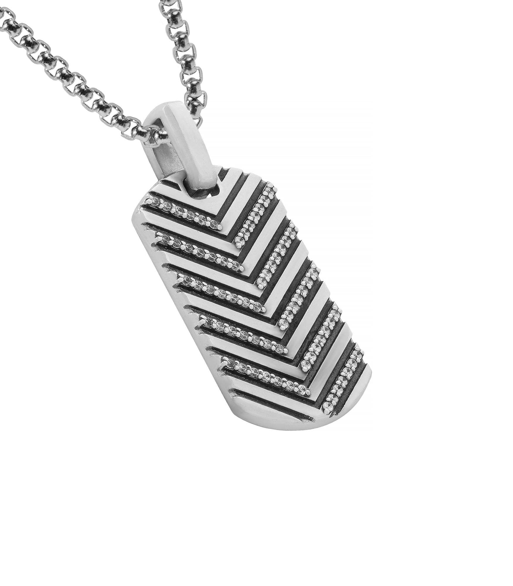 Solid Silver Chevron Pendant Necklace with Diamonds CZ