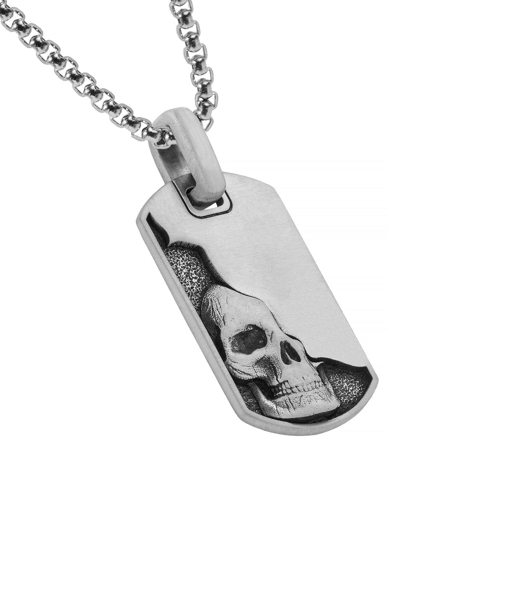 Silver Grunge Tag Pendant Large Skull and Half Design