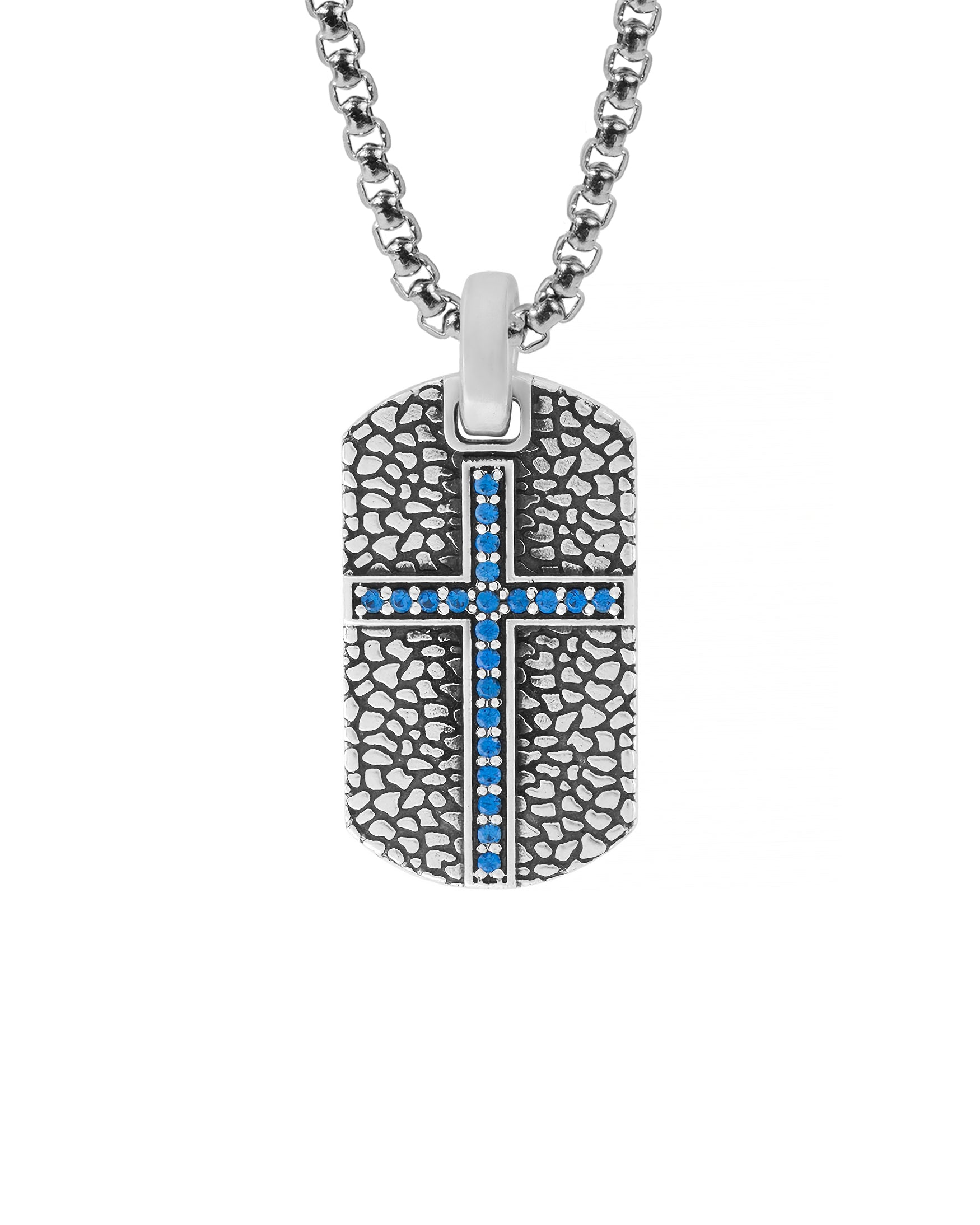 Cross Dog Tag Necklace Sapphire CZ & Cobblestone Design