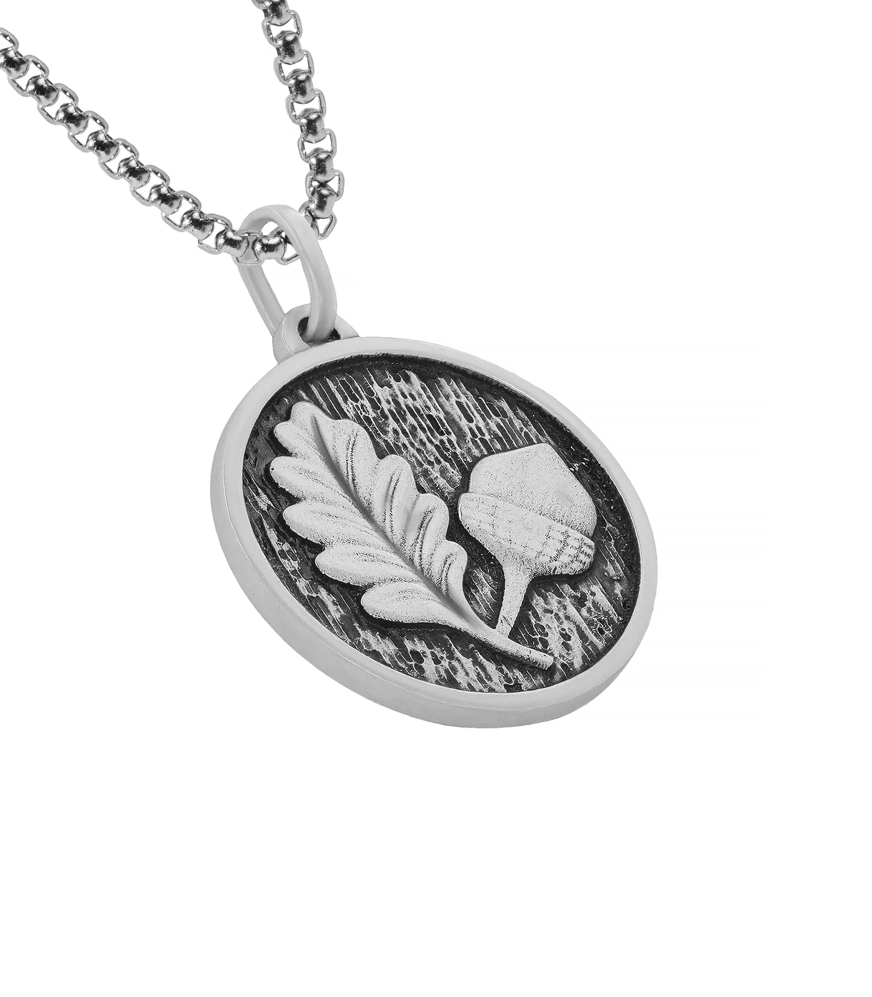 Oak Leaf and Acorn Round Amulet Necklace Silver