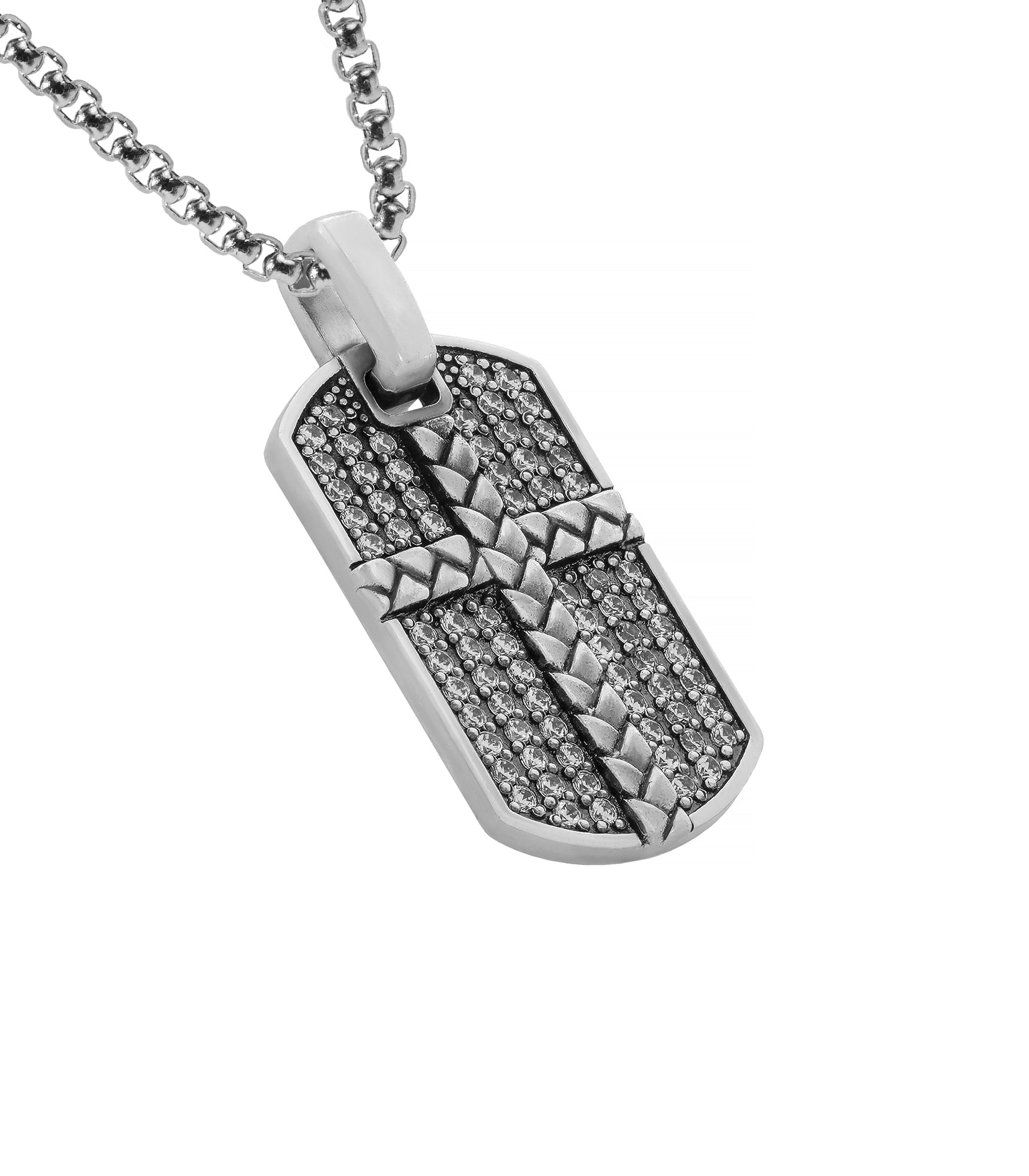 Cross Pendant Necklace Silver Dog Tag with Diamonds CZ