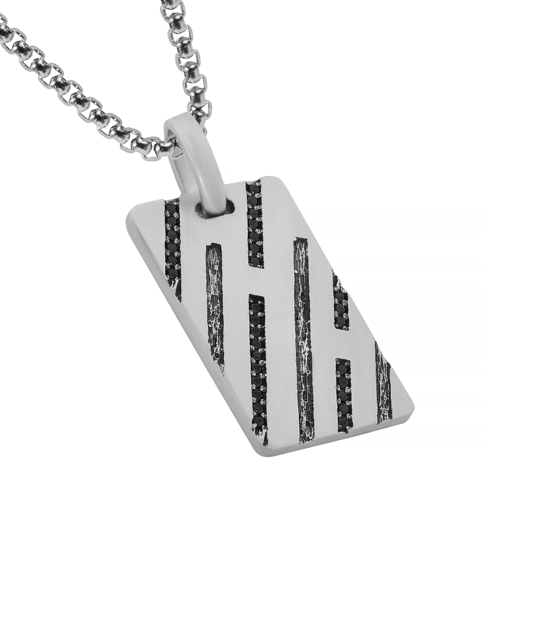 Mens Silver Dog Tag Pendant with Black Crystals and Stripes