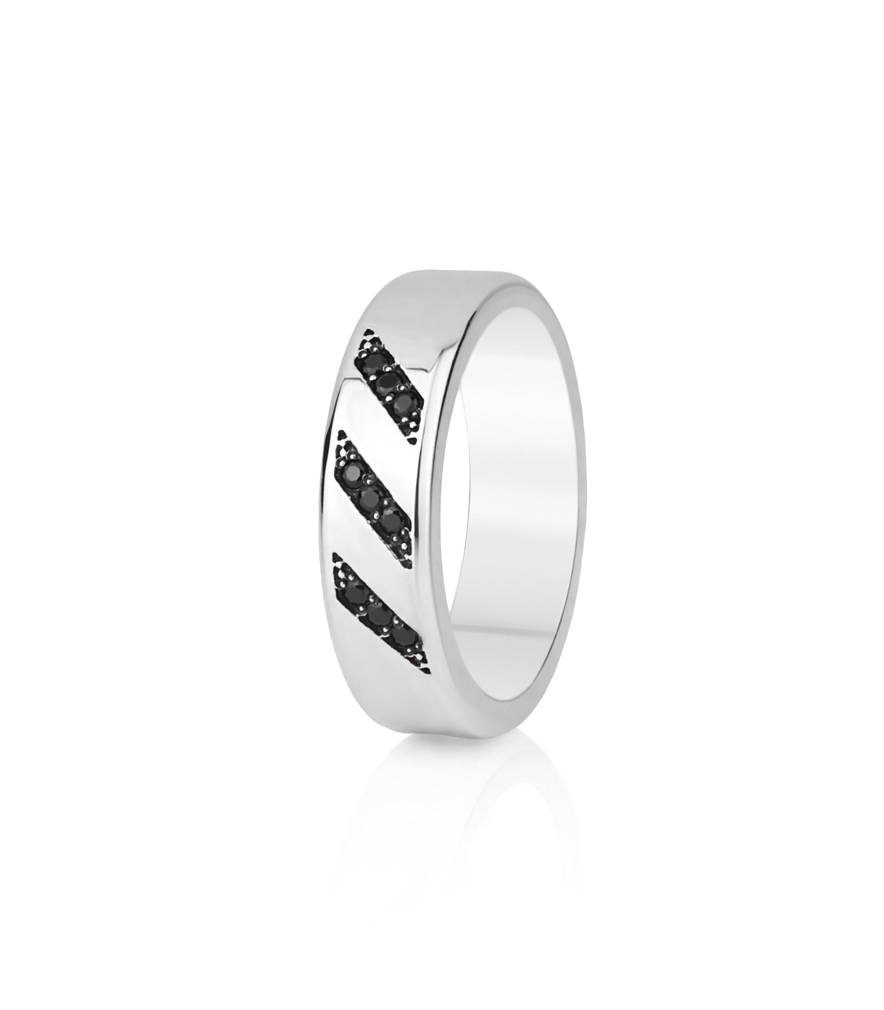 Minimalist Silver Wedding Ring Band with Black Stones