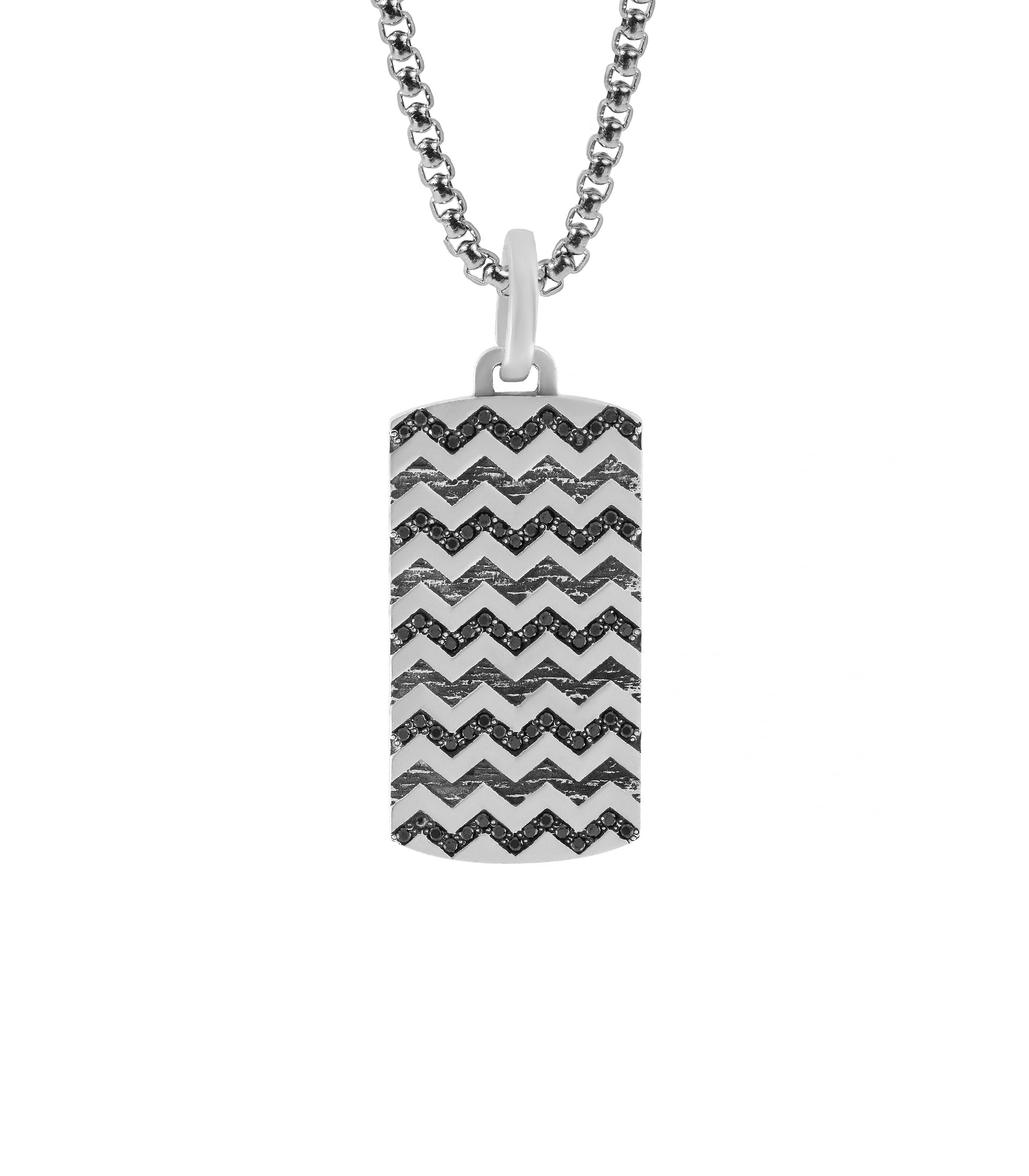 Zigzag Design Silver Dog Tag Necklace with Black Stones