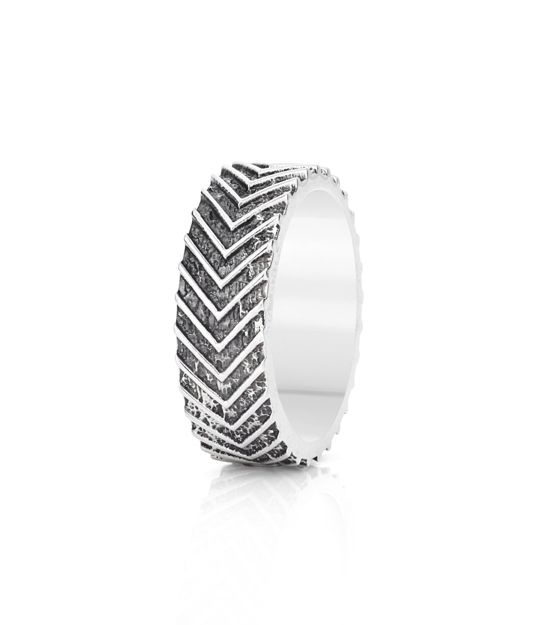 Masculine Chevron Ring Band for Men Hammered Silver