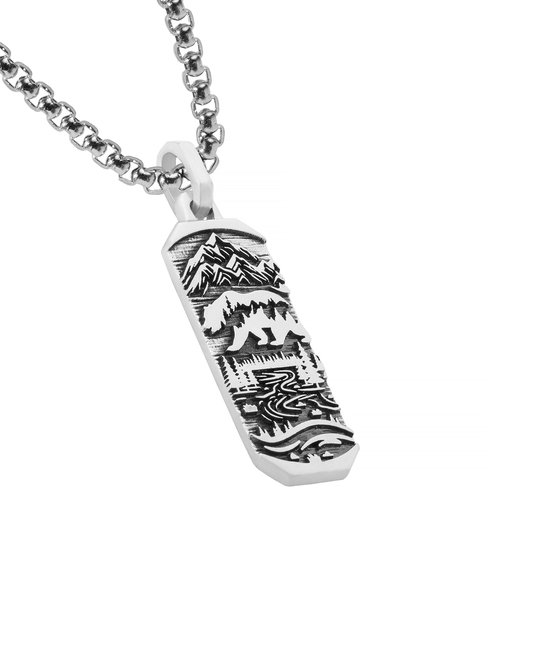 Bear & Mountains Necklace Pendant Silver Ingot Shape