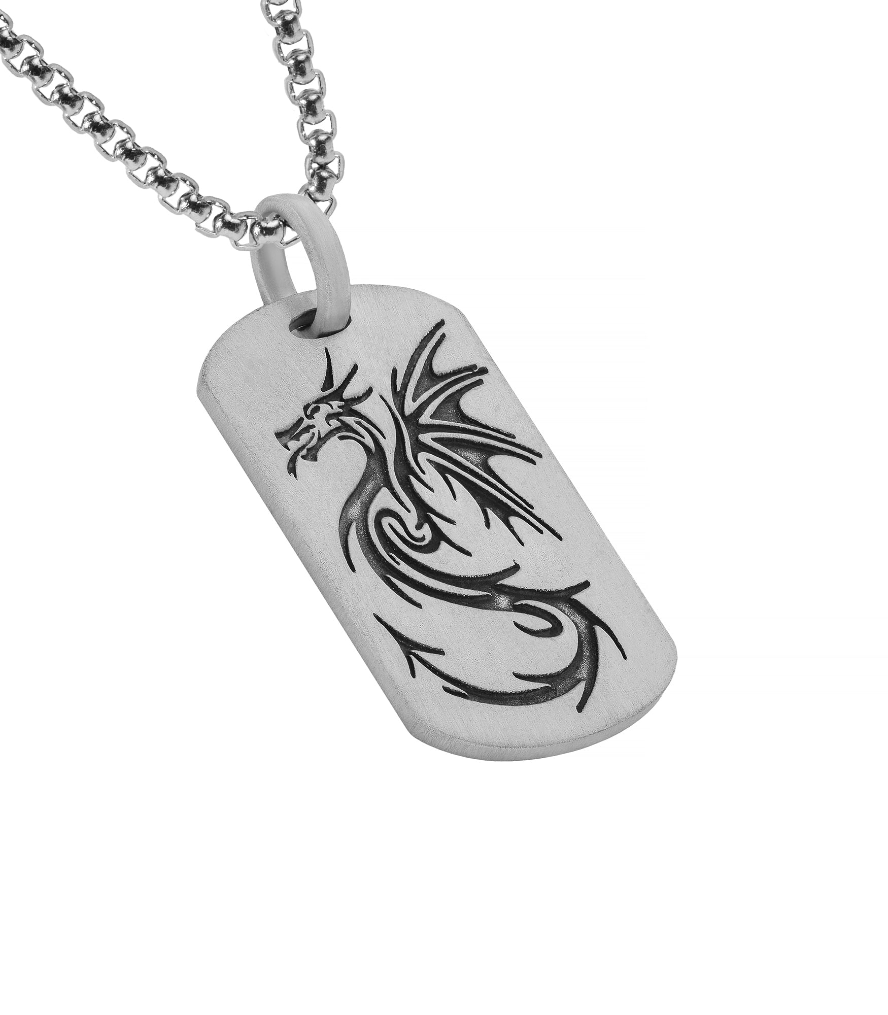 Engraved Dragon Tag Pendant for Men in Silver