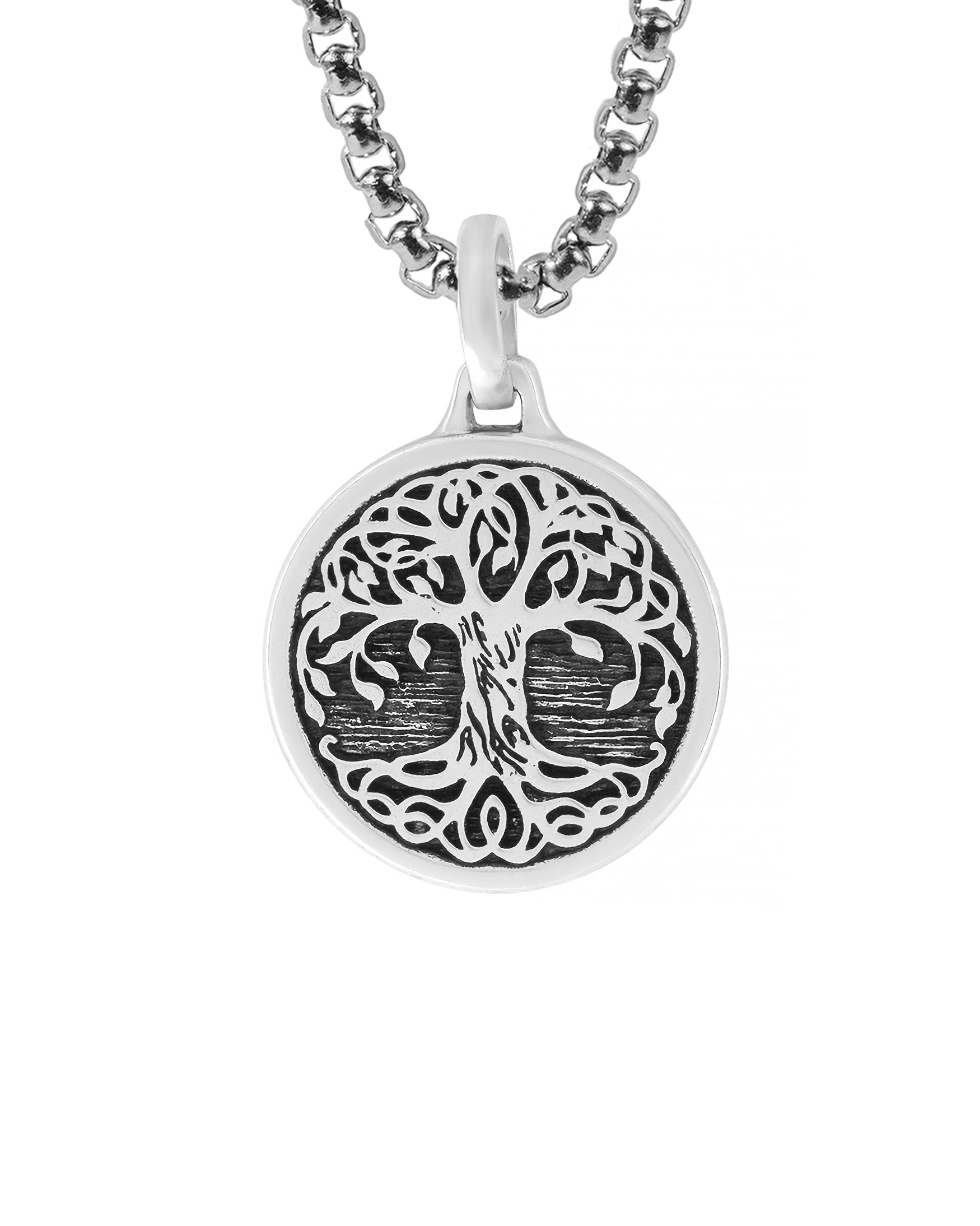 tree of life necklace pendant in sterling silver and round shaped.