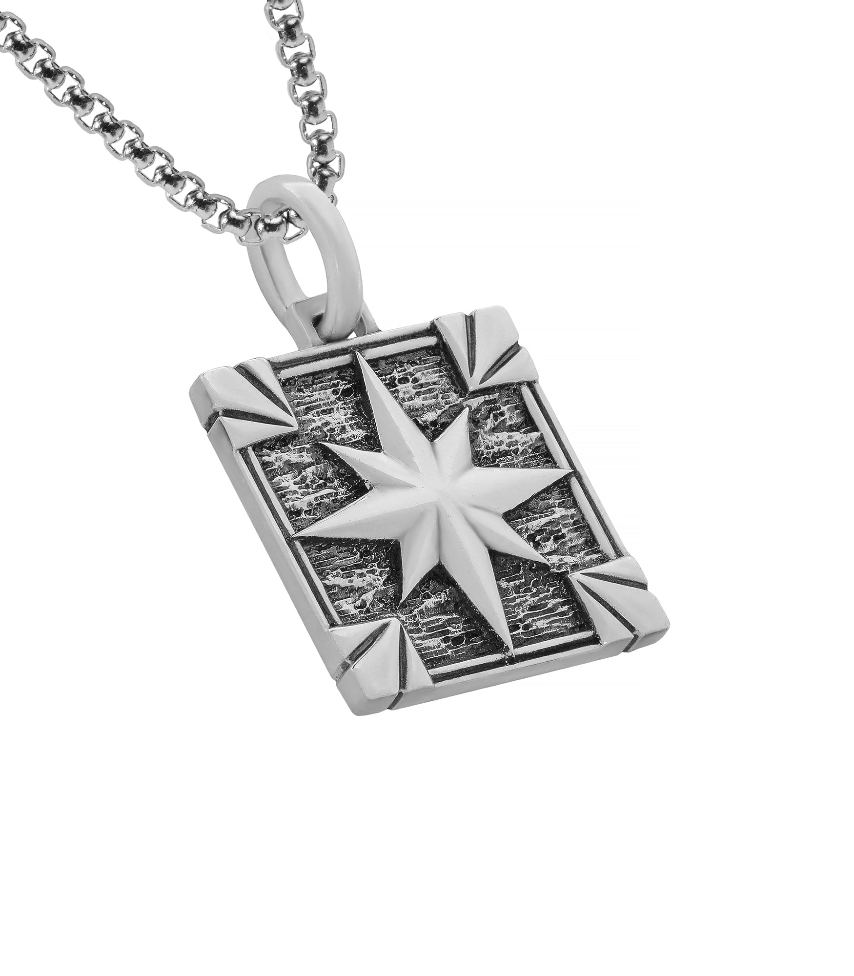 Mens North Star Square Tag Pendant Vintage Style Silver