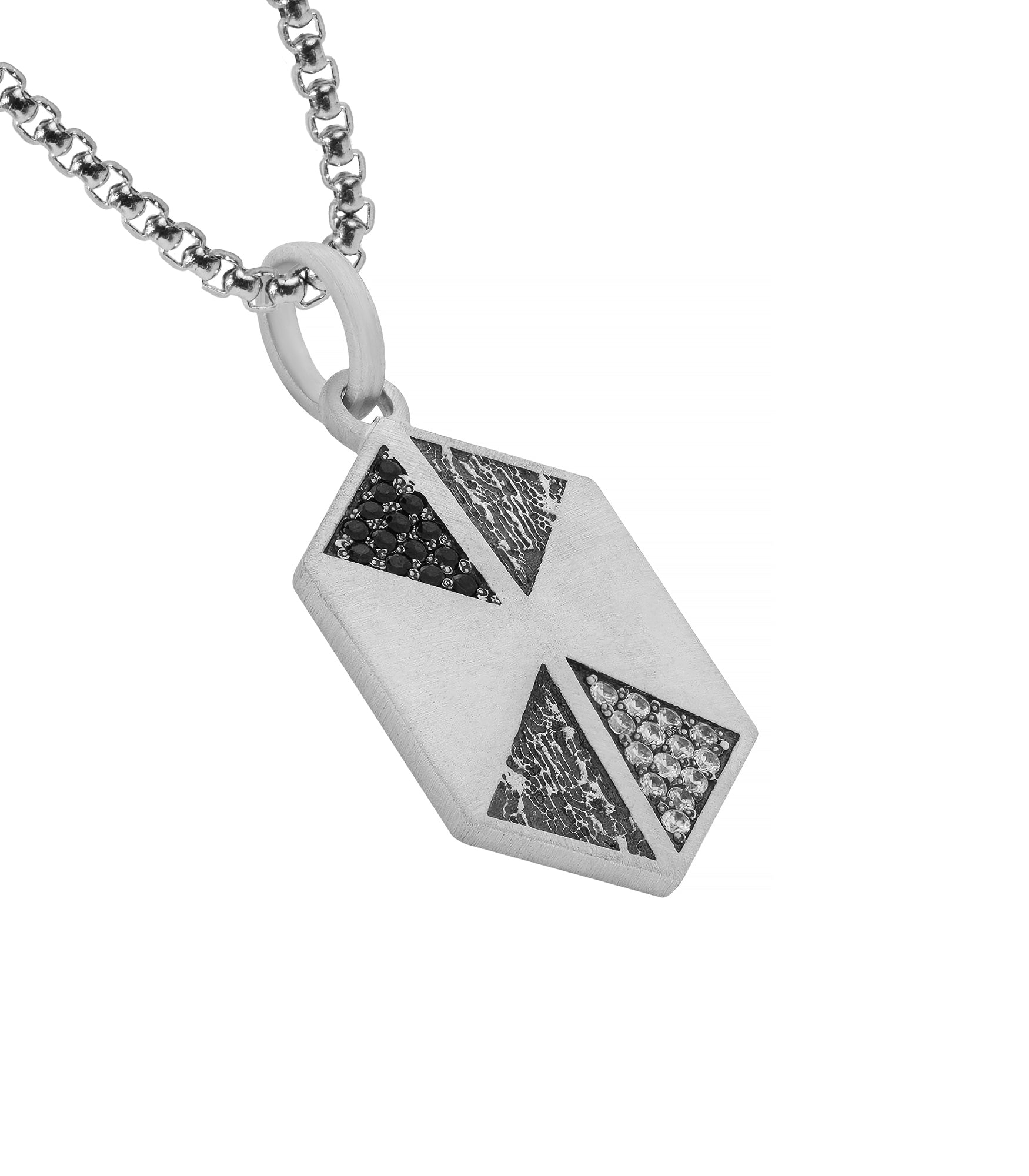 Engraved Silver Hexagon Tag Pendant Black & White Gems