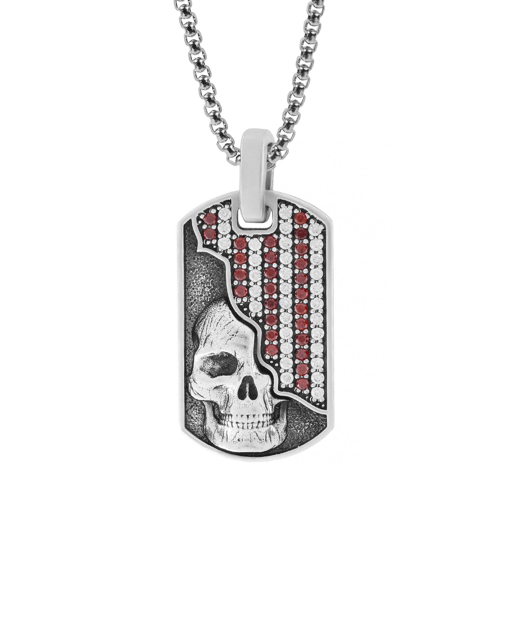 Cranium Necklace Pendant Red and White Stones Silver