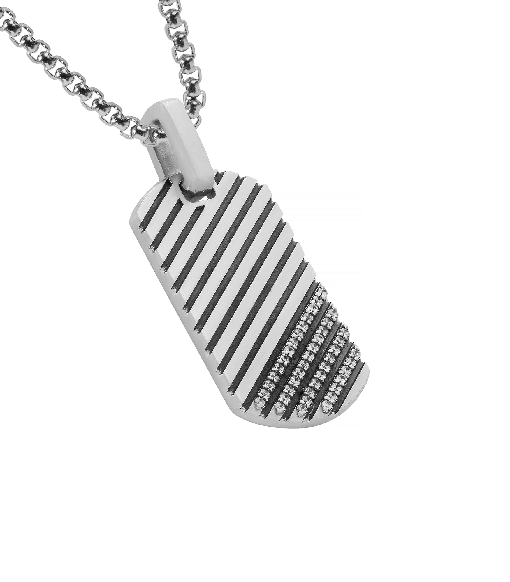 Unique Striped Silver Dog Tag Pendant with Diamonds CZ