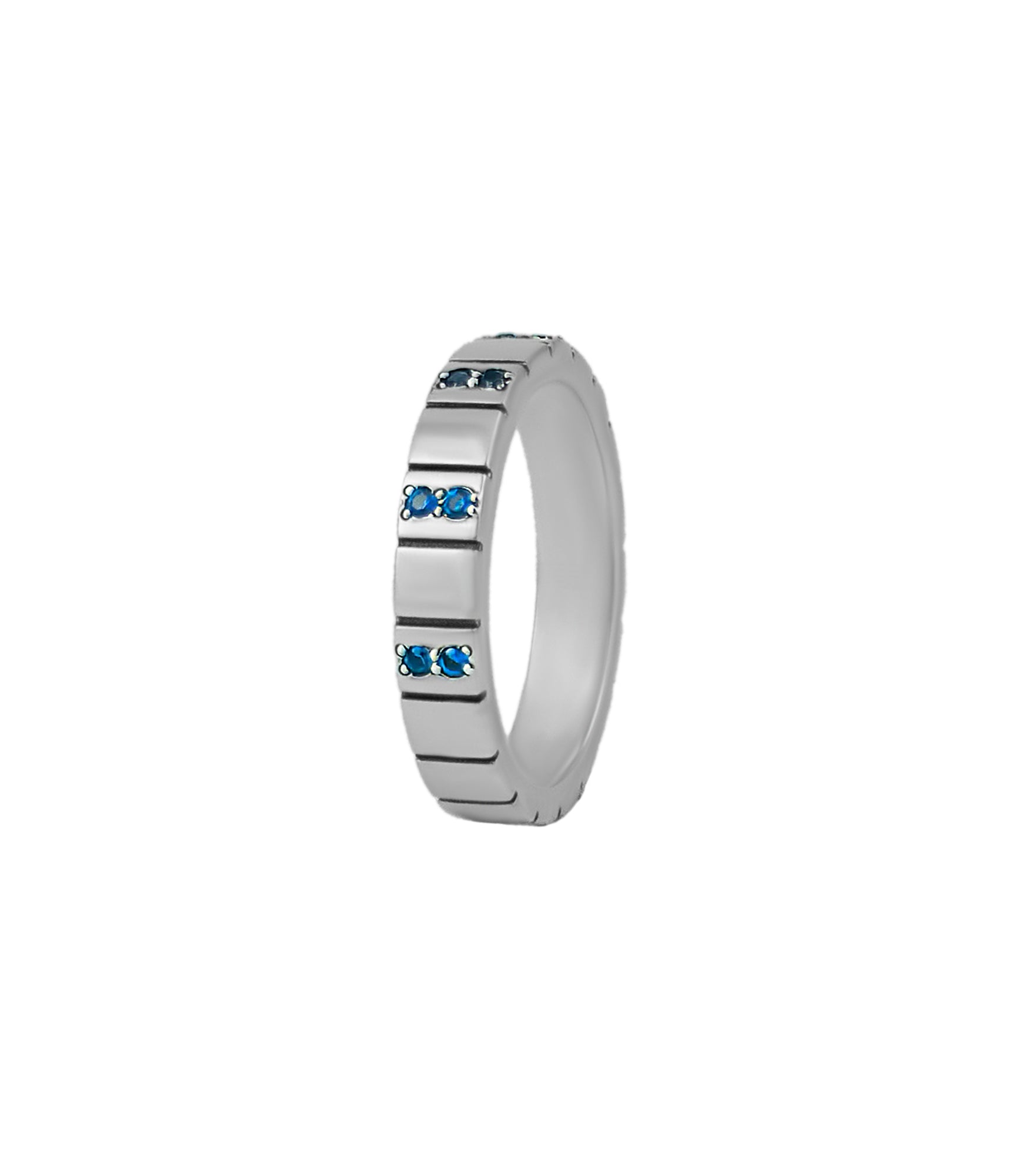 Silver Wedding Ring Multiple Blue Stones and Stripes