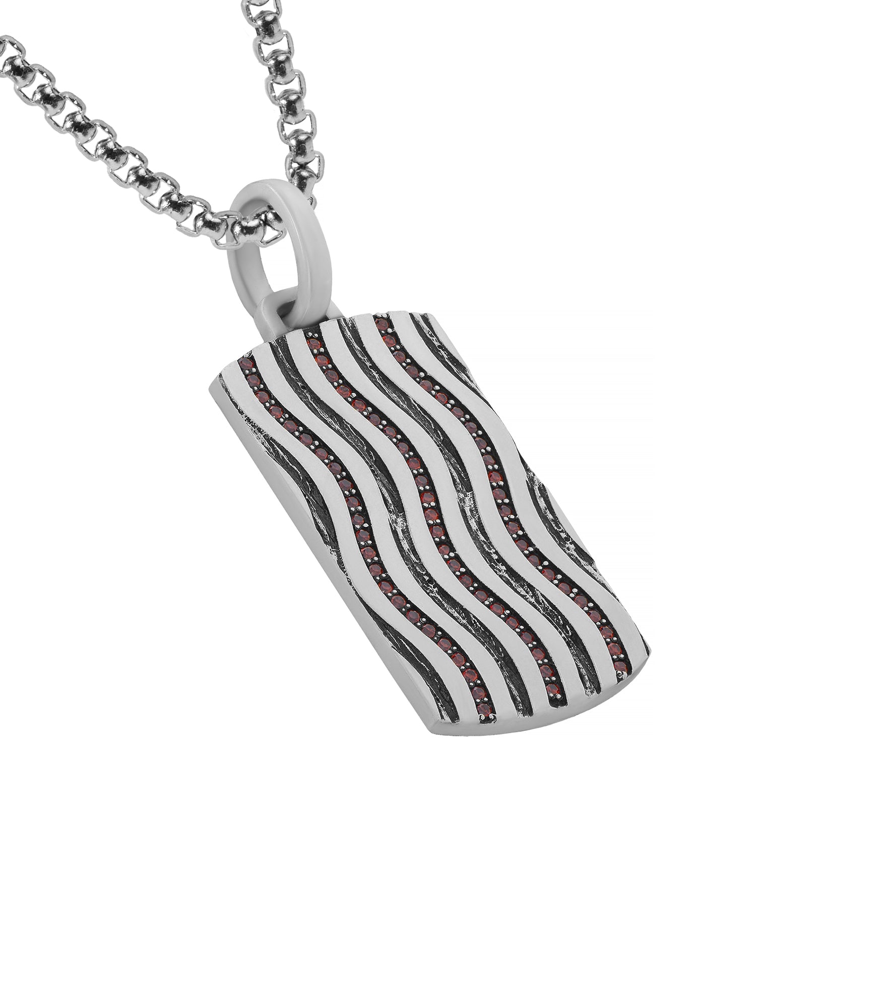 Mens Wavy Design Red Gemstones Dog Tag Pendant Silver