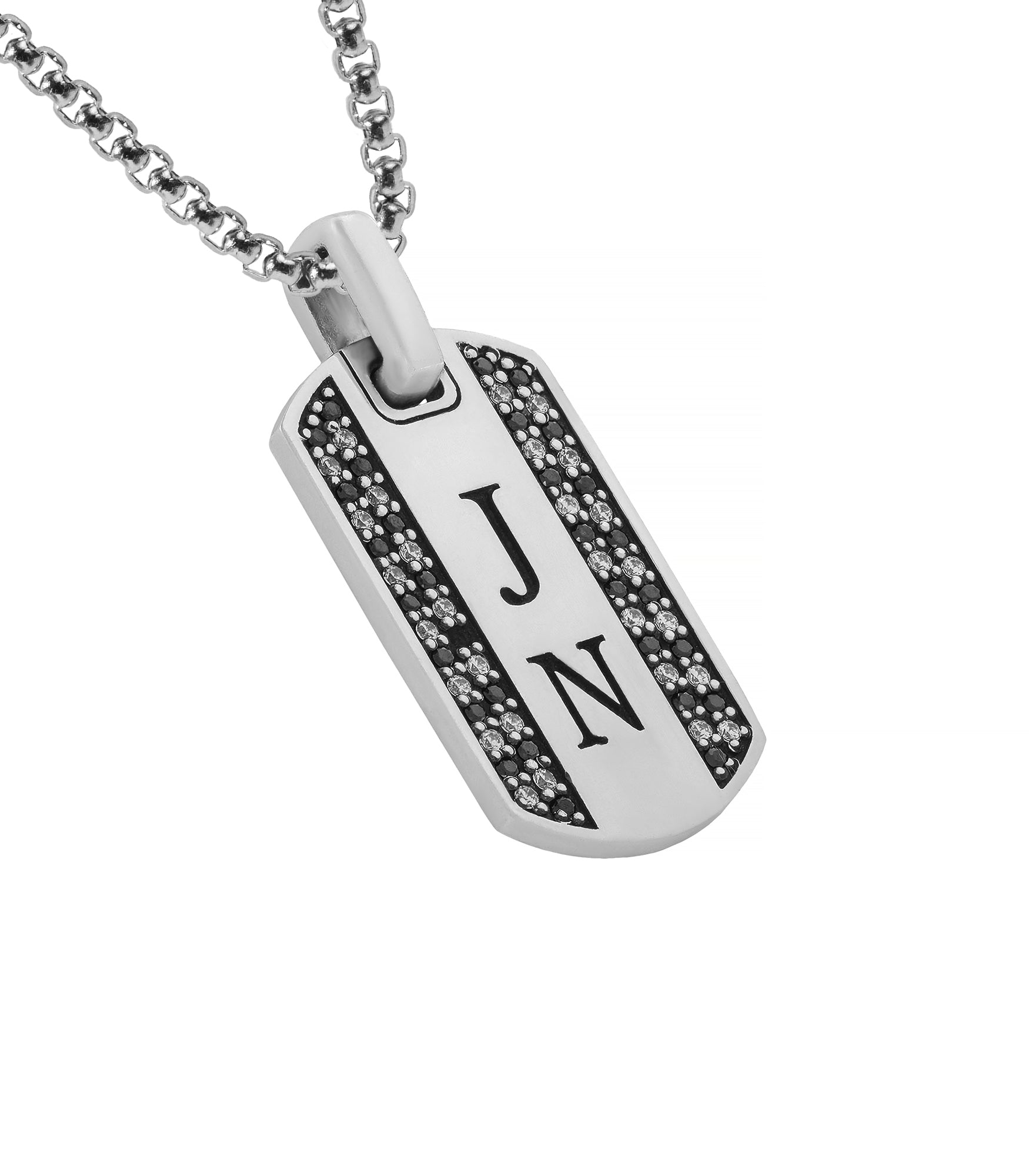 Mens Silver Initial Pendant Black and White Diamonds CZ