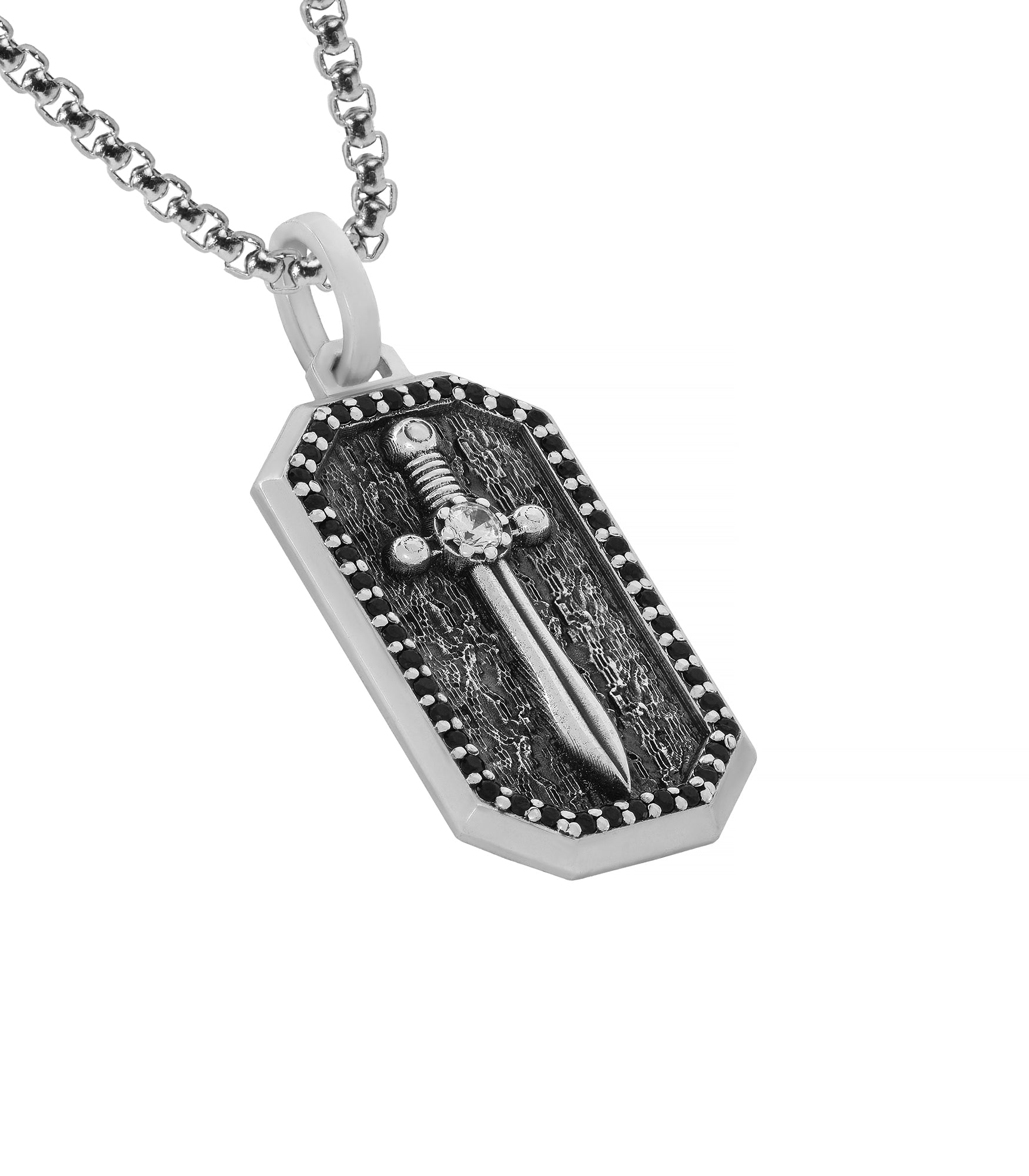 Vintage Sword Tag Pendant with Black & White Stones