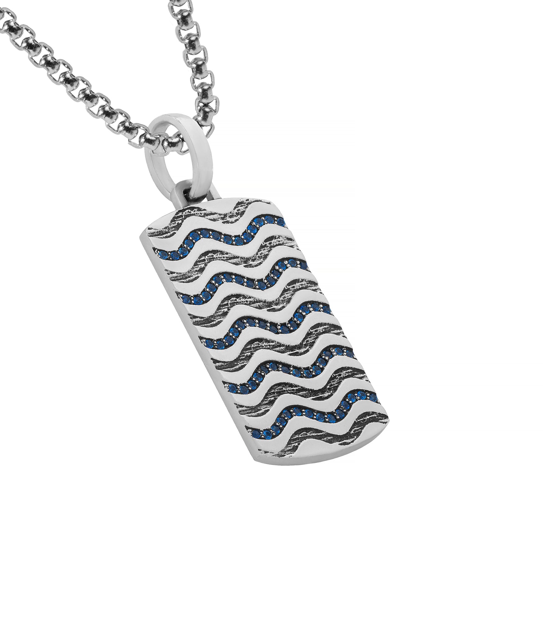 Mens Wavy Design Blue Gemstones Dog Tag Pendant Silver