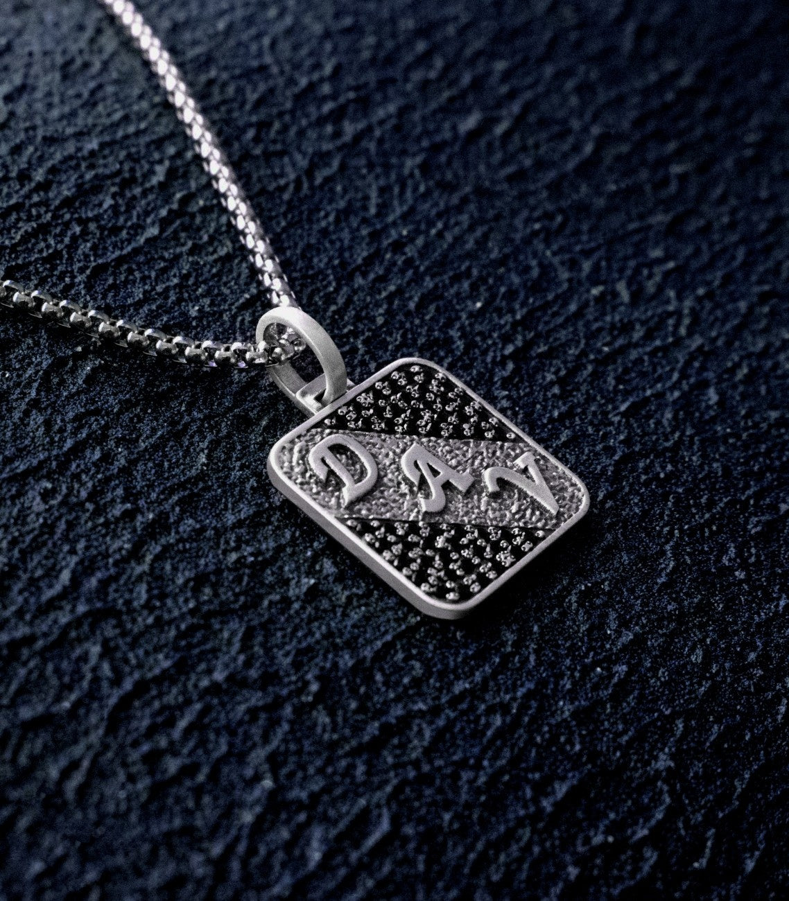 Mens Initial Necklace Vintage Hammered Silver Black Gems