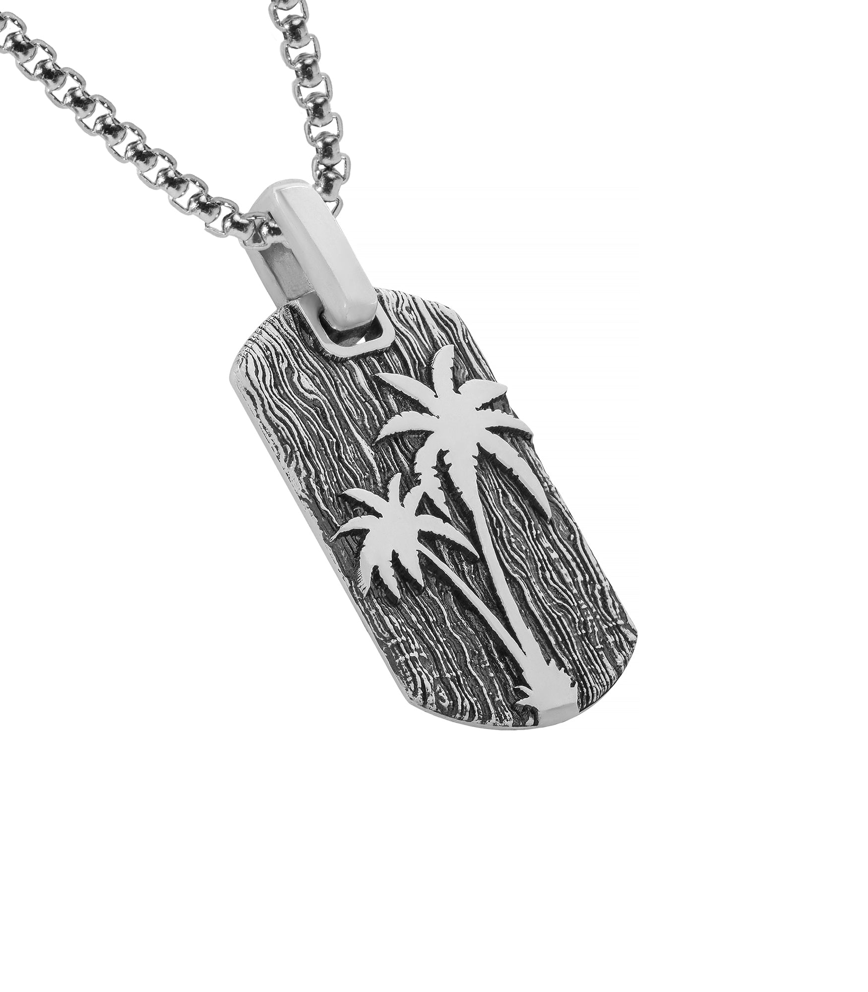 Engraved Palm Tree Silver Dog Tag Pendant for Men