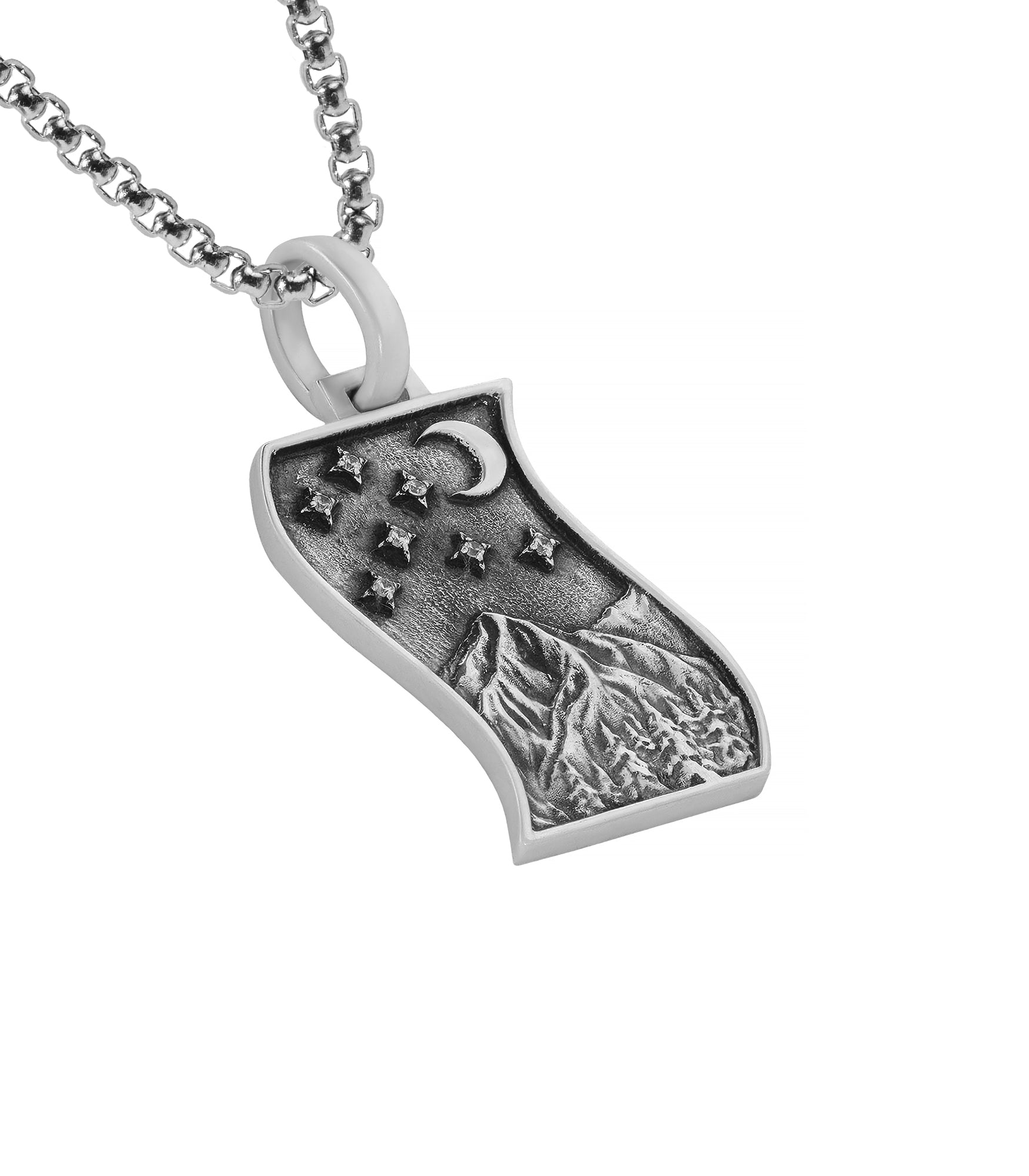 Silver Landscape Necklace with Mountain & Crescent Moon