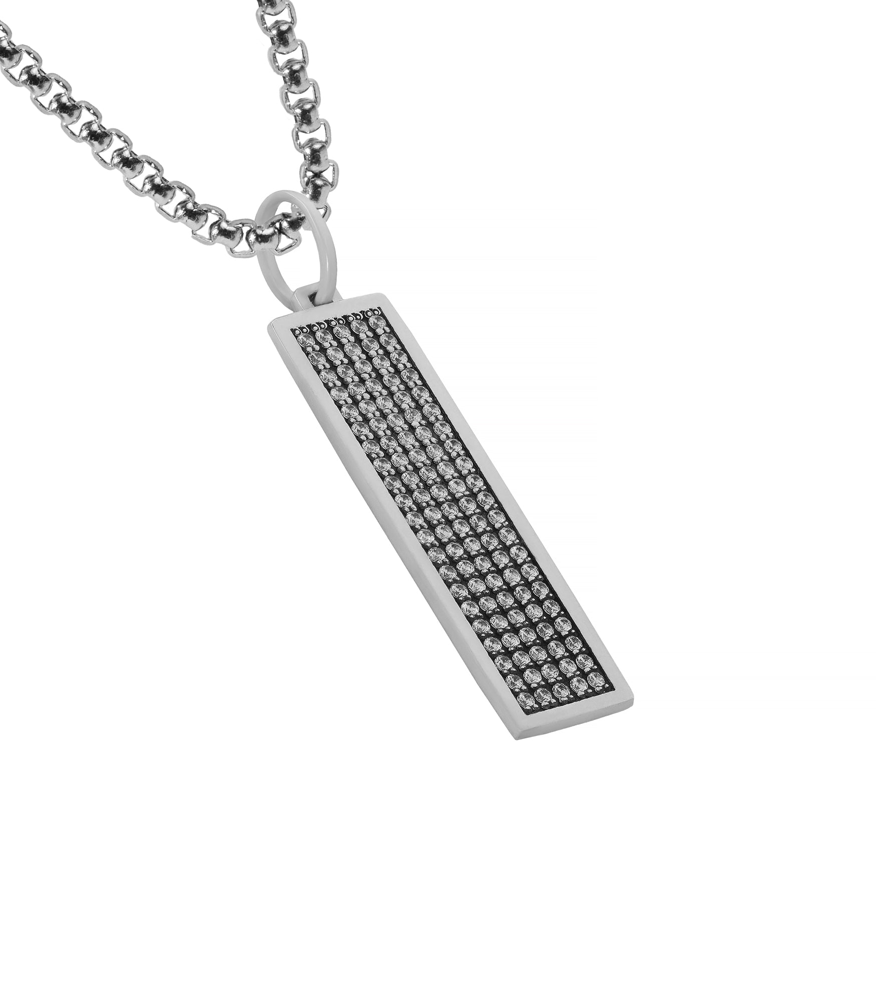 Long Silver Ingot Necklace with White CZ Gemstones