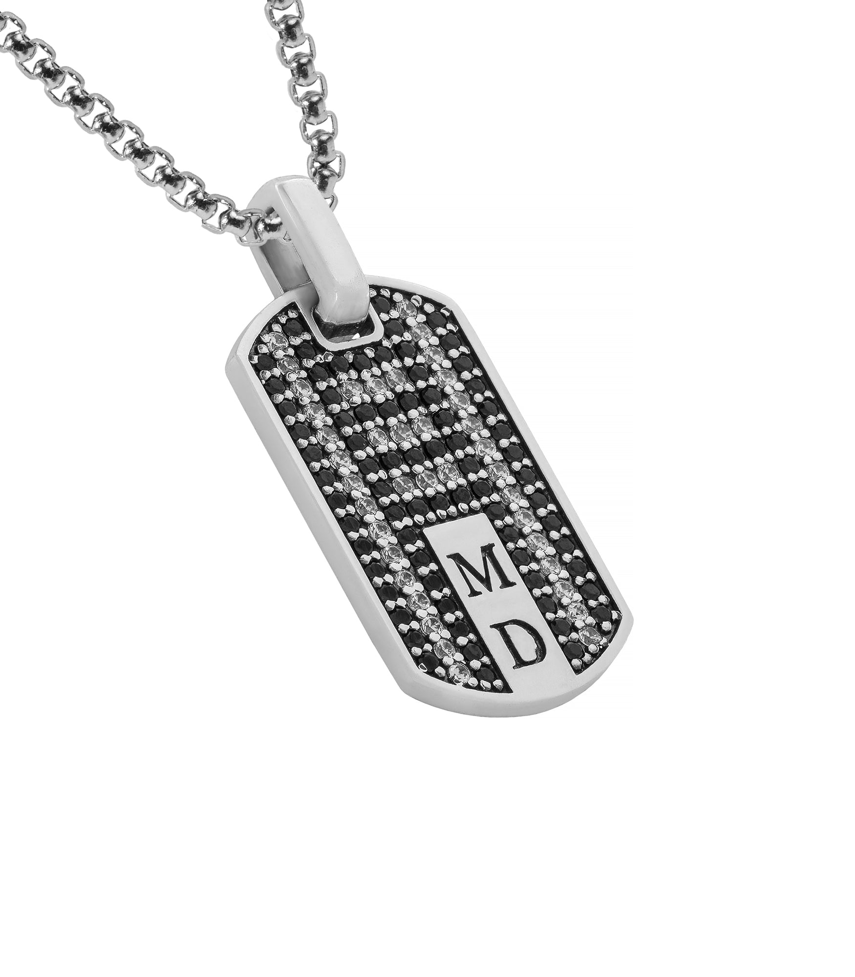 Black & White Gemstone Two Initials Mens Pendant Silver