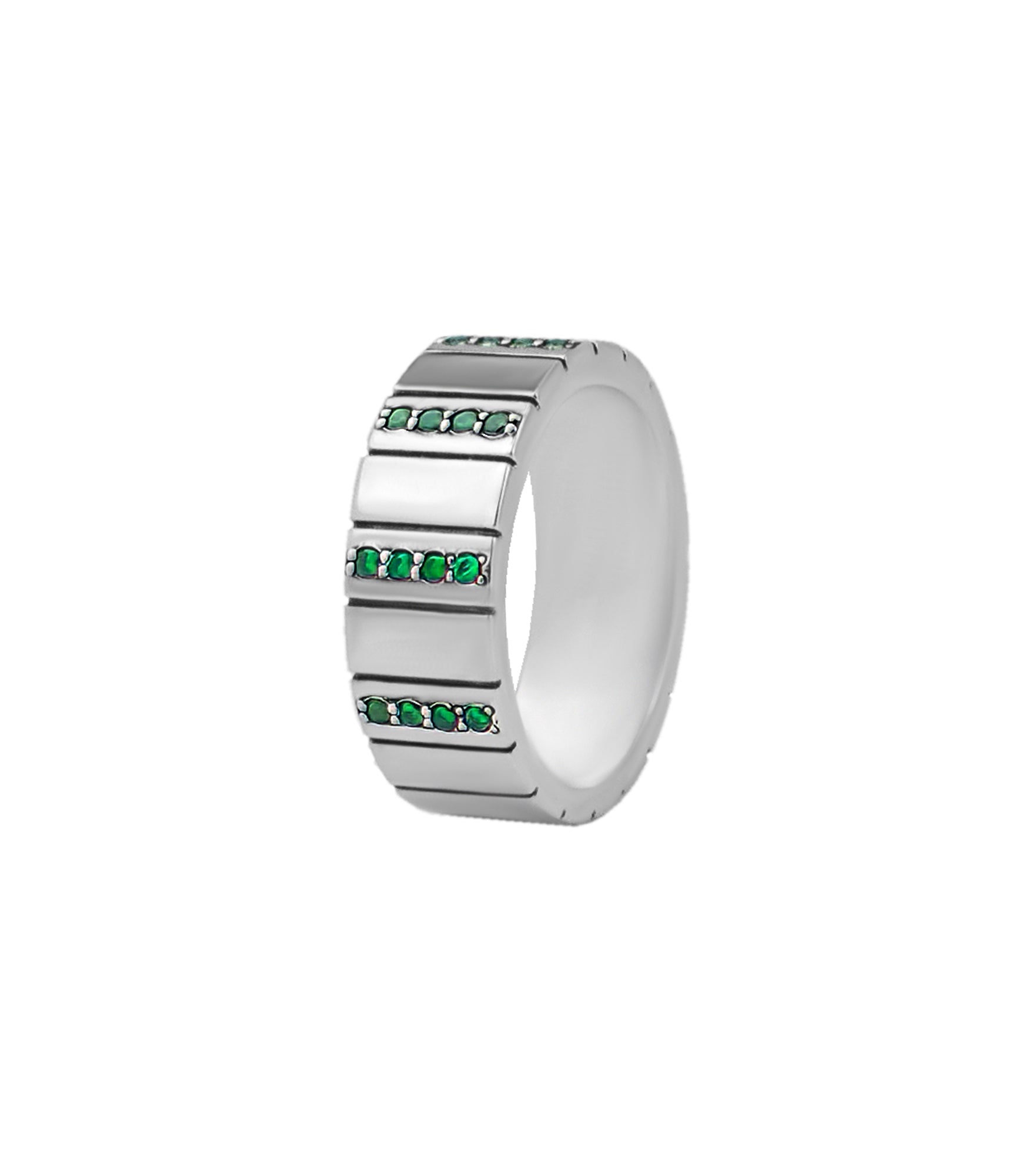 Wide Silver Wedding Ring Multiple Emeralds and Stripes
