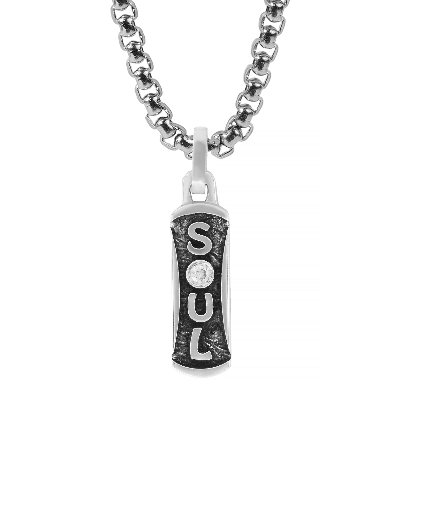 Engraved Word SOUL Small Necklace with Diamond CZ Silver