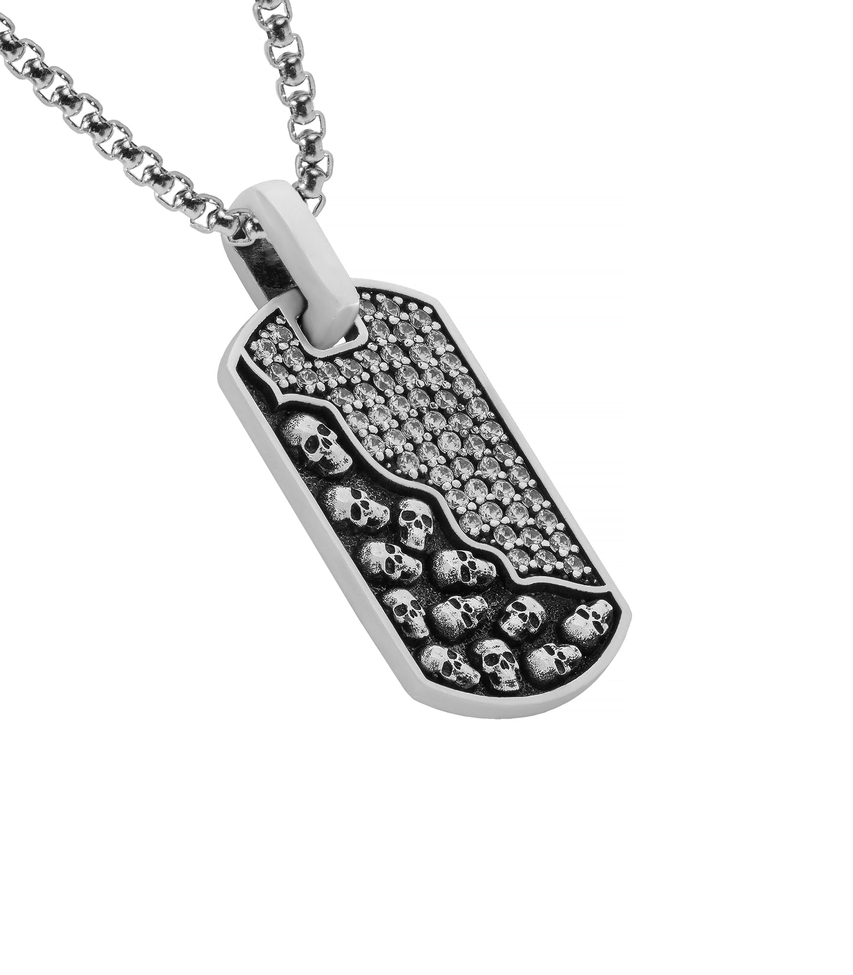 Gothic Silver Skulls Tag Pendant with White Stones