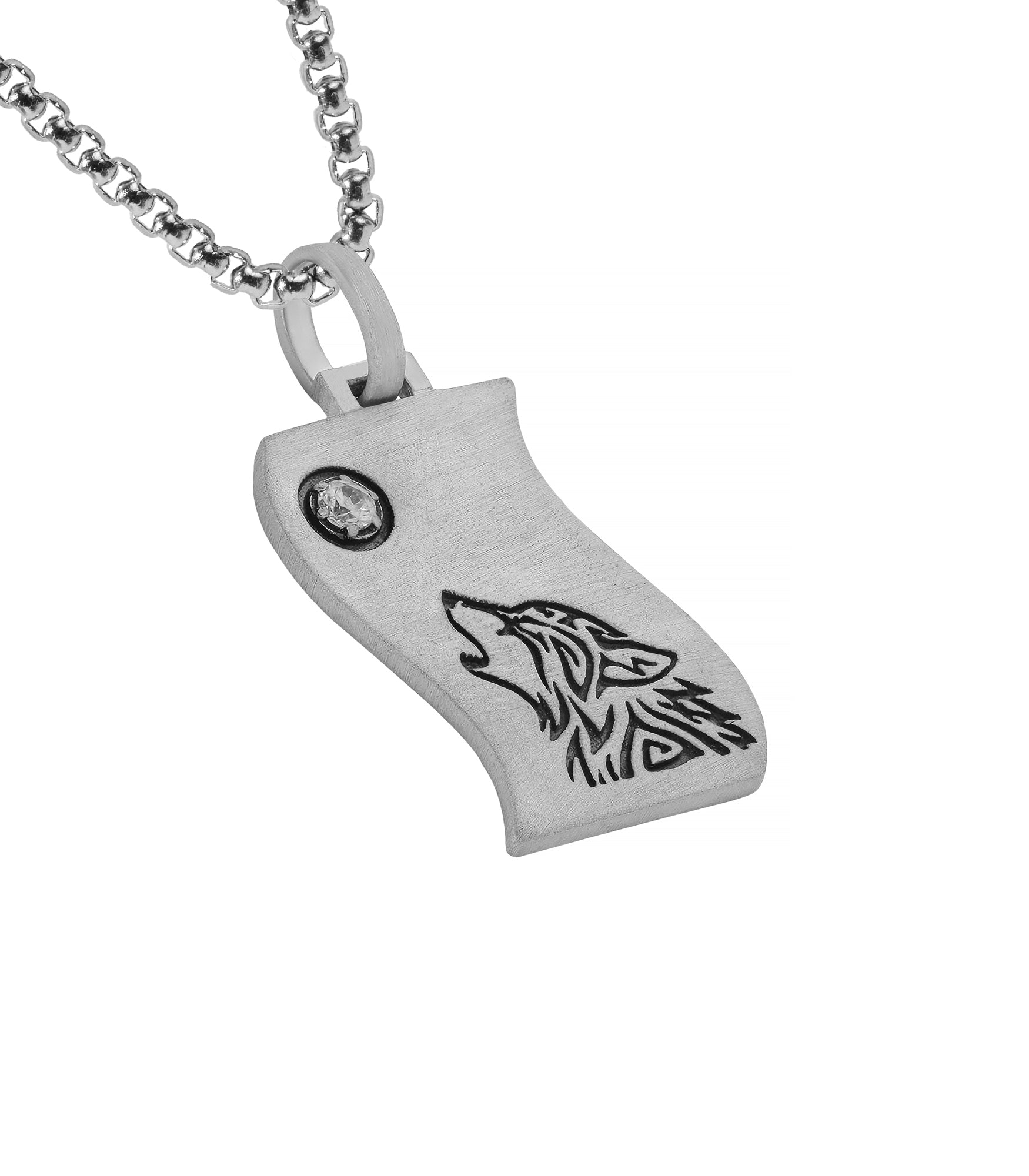 Silver Dog Tag with Engraved Wolf and Moon Gemstone